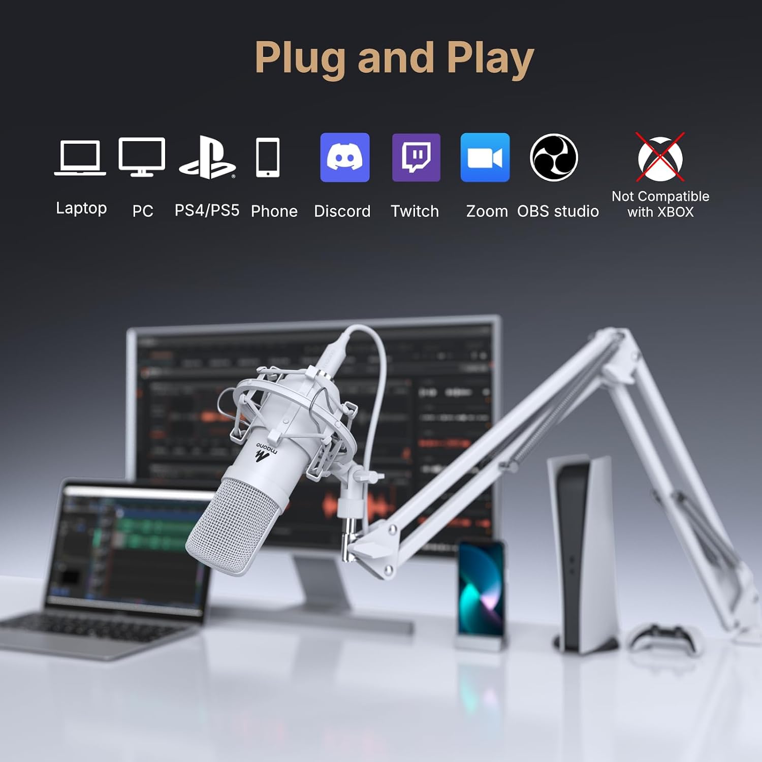 Detalle de MAONO AU-A04 White USB Condenser Microphone Kit, Cardioid, 192kHz/24-bit
