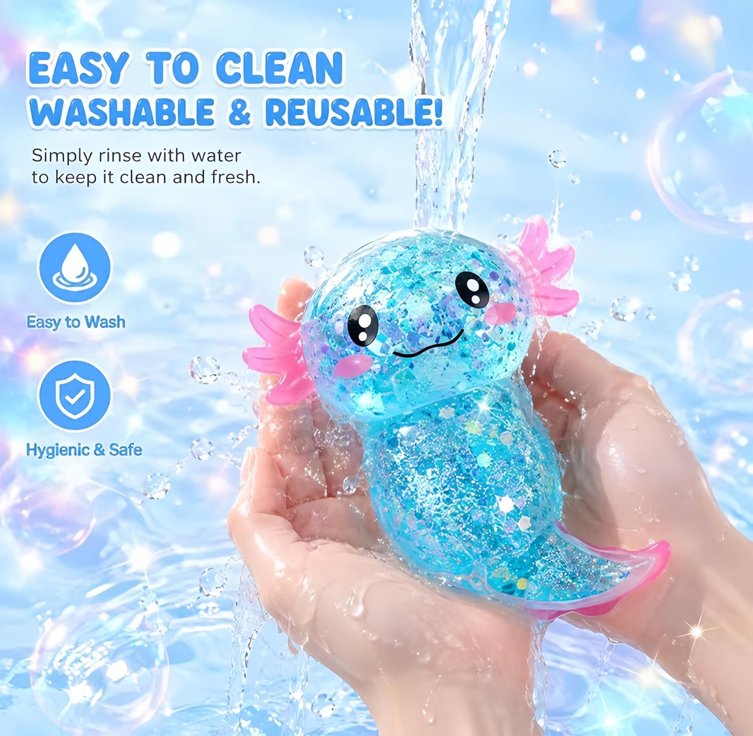 Thumbnail 5 de Axolotl Squishy Stress Relief Toy (2-Pack) – Glitter Gel Fidget Squeeze, Blue & Pink
