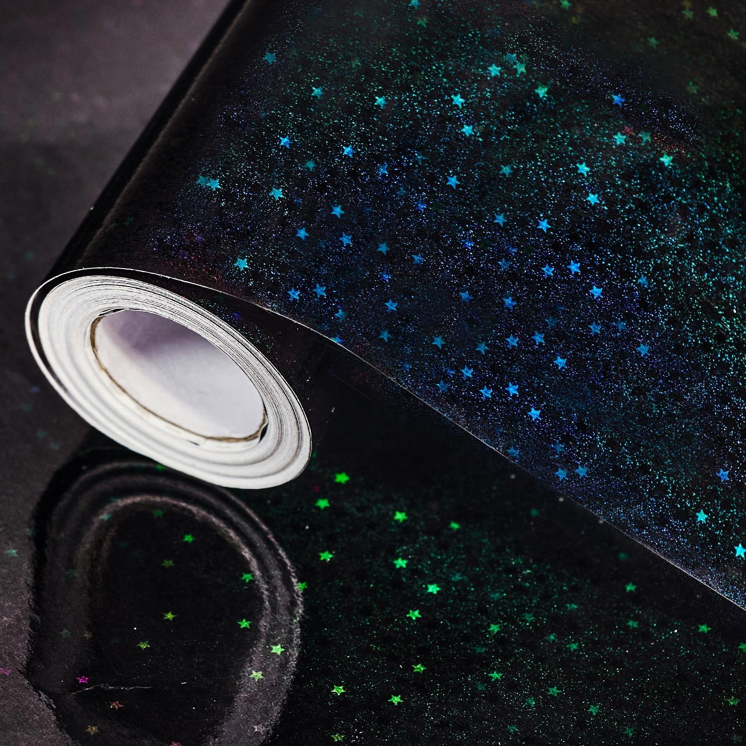 Detalle de Black Holographic Wrapping Paper Roll, 43cm x 10m – Black Metallic Gift Wrap with Shiny Stars