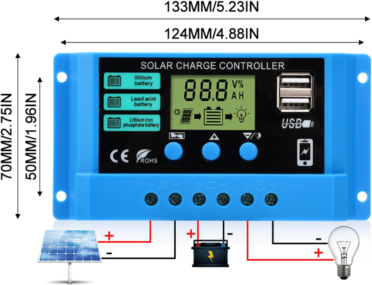 Detalle 2 de diymore 30 A solcellsladdningsregulator för 12 V/24 V med LCD och USB