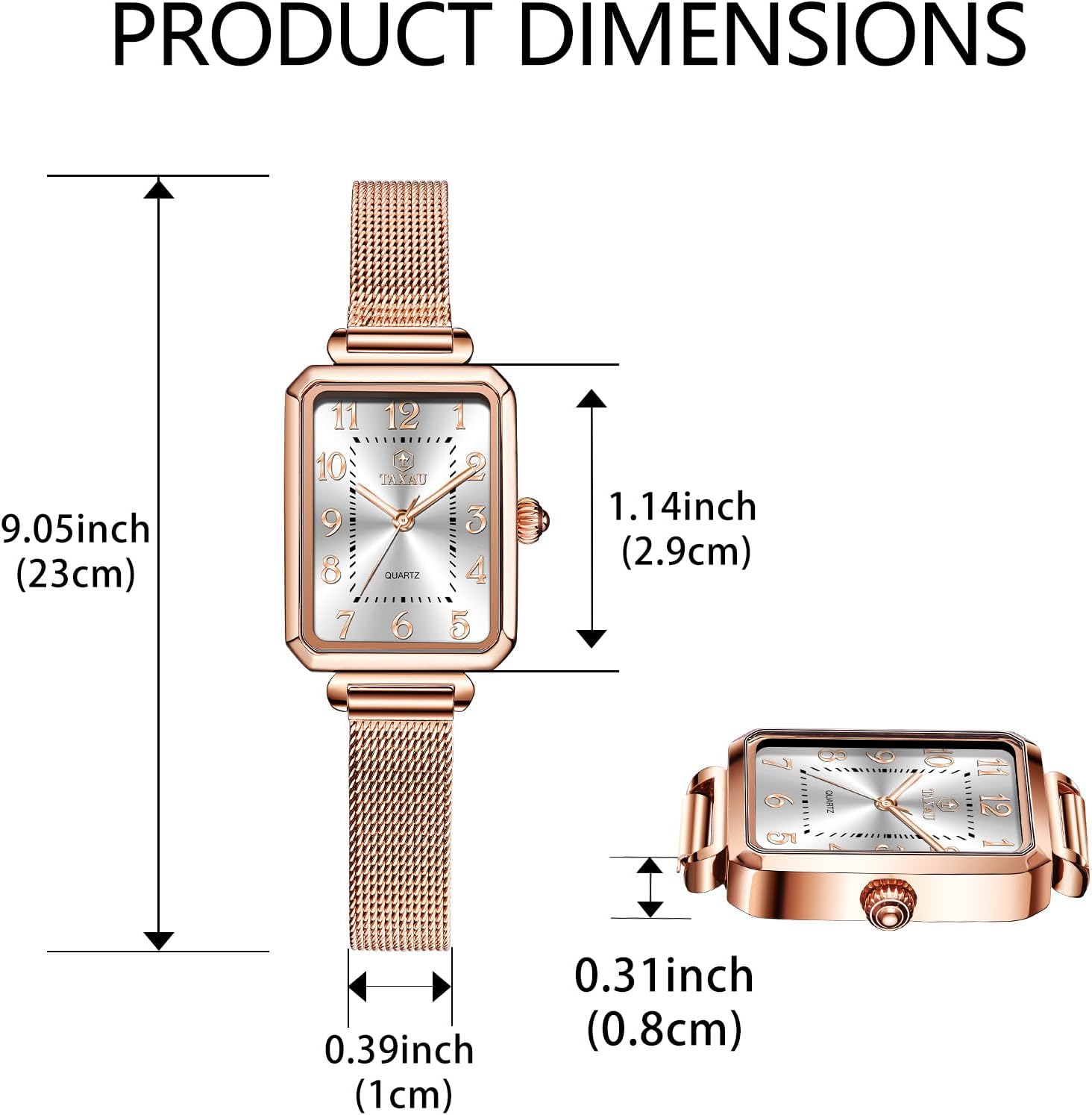 Detalle de Taxau Damenuhr eckig mit Edelstahl-Mesh-Armband, rechteckiges Quarz-Uhrwerk (roségold, wasserdicht)