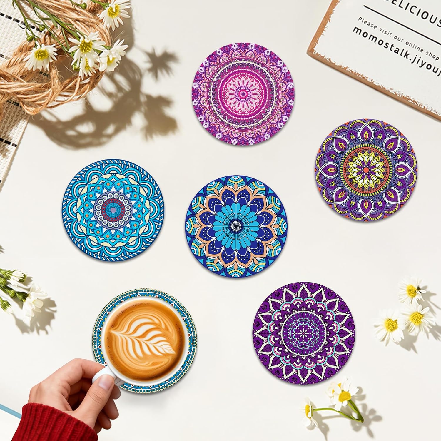 Thumbnail 6 de Bohemia Mandala Ceramic Coasters, Set of 6 with Metal Holder