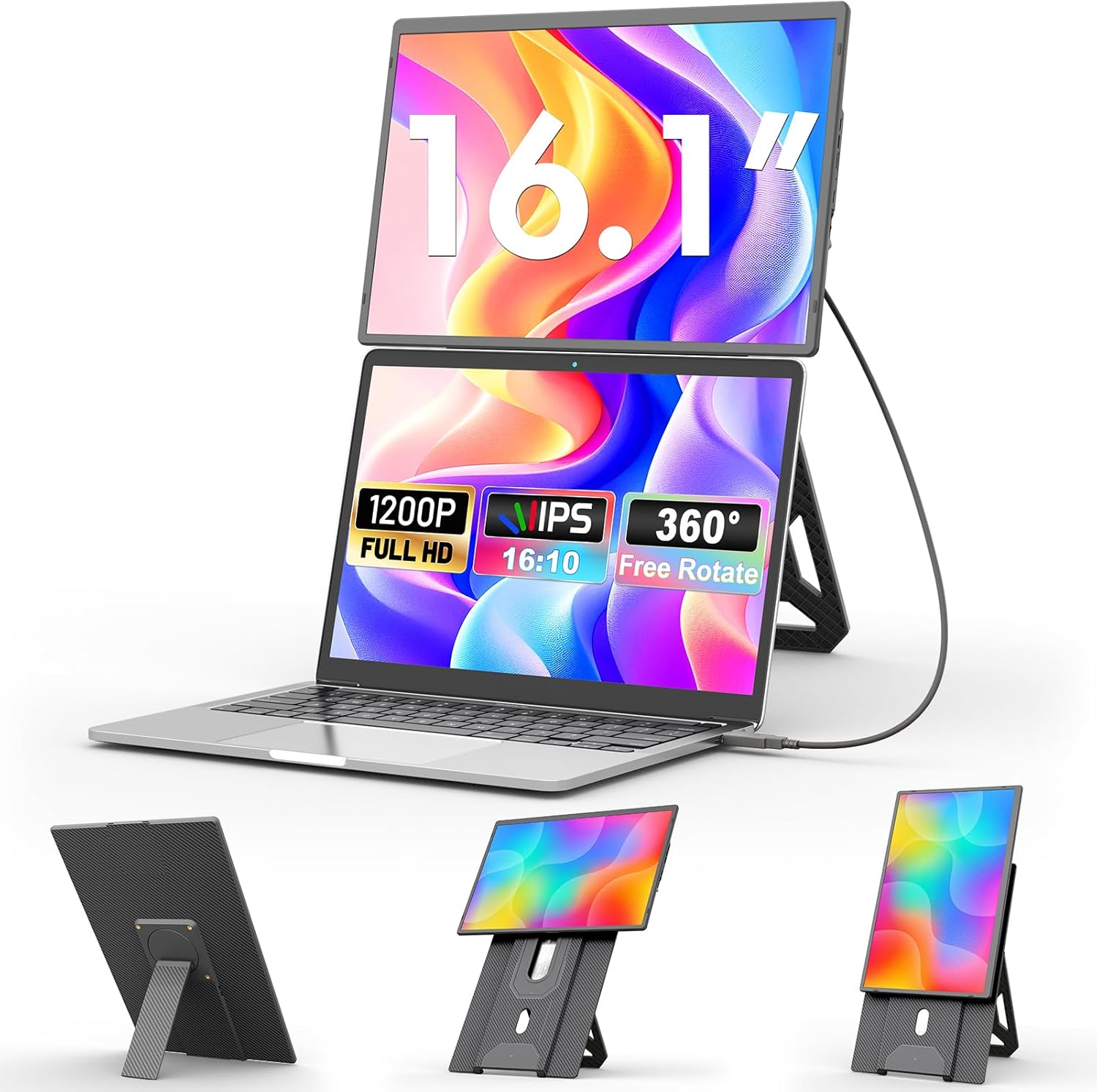 Detalle de domyfan 16" Portable Display FHD 1200p with Magnetic 360° Stand — Detachable Travel Screen for Laptops 13–17.3", Plug & Play