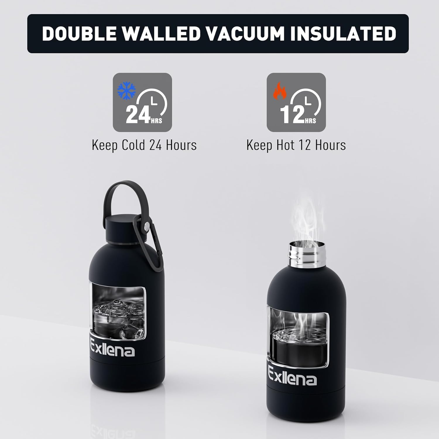 Thumbnail 2 de Exllena 350ml Small Water Bottle with Handle Lid & Carabiner (Double-Wall Vacuum, BPA Free) – Purple