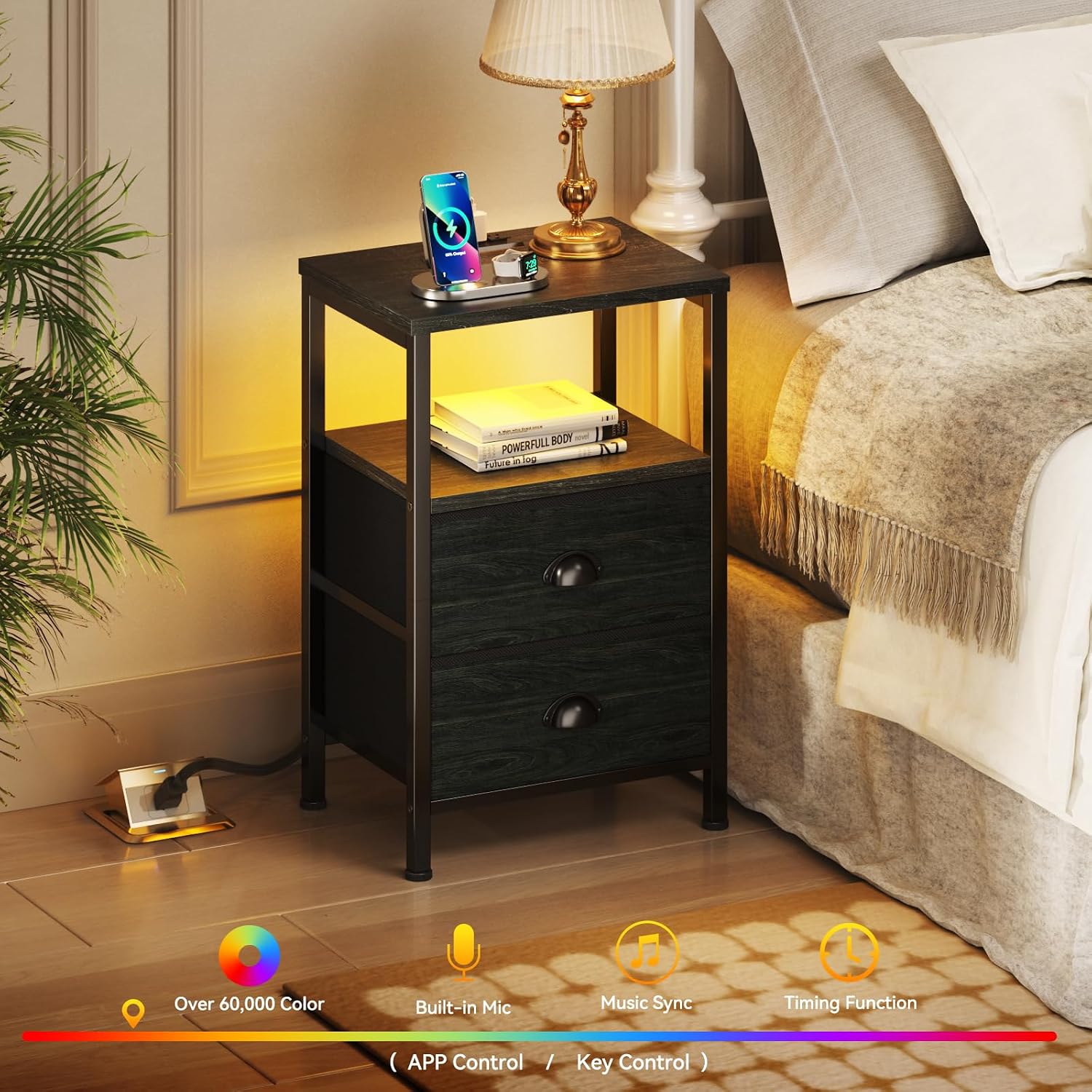 Thumbnail 3 de Furologee Nightstands Set of 2 with Charging Station, LED Lights, and Fabric Drawers — Black Oak