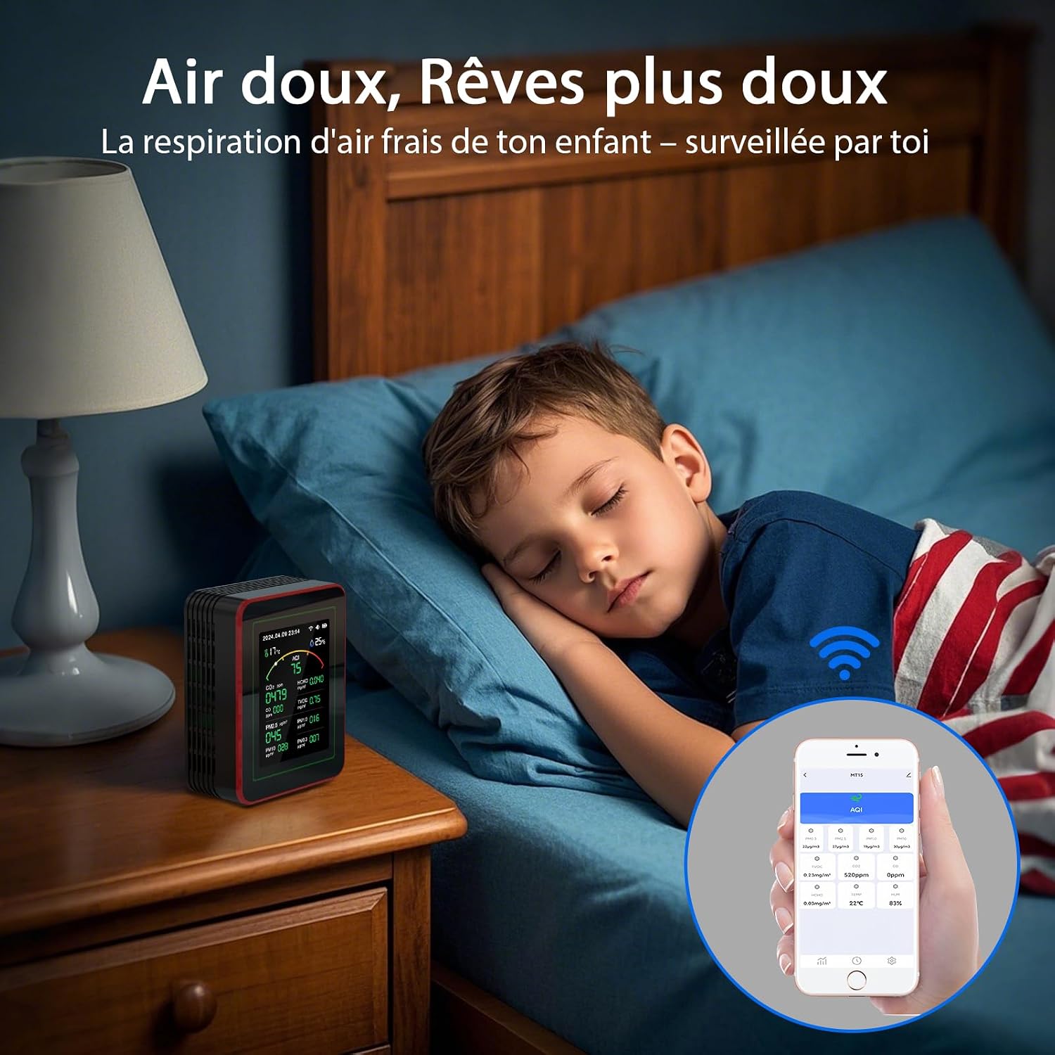 Detalle de Moniteur de Qualité de l’Air 15‑en‑1 avec Application Smartphone – Capteur CO₂, PM2.5/PM10, VOC et HCHO
