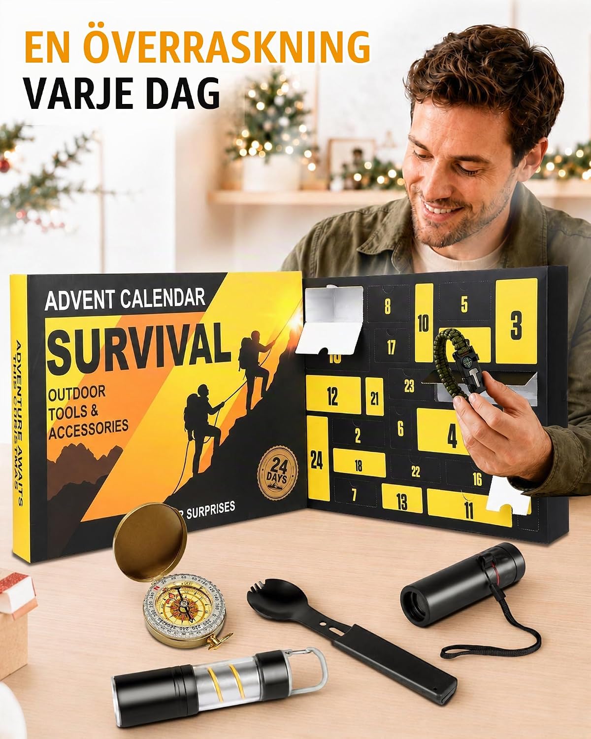 Detalle 2 de RONSTONE Adventskalender 2026 med 24 friluftstillbehör och pannlampa