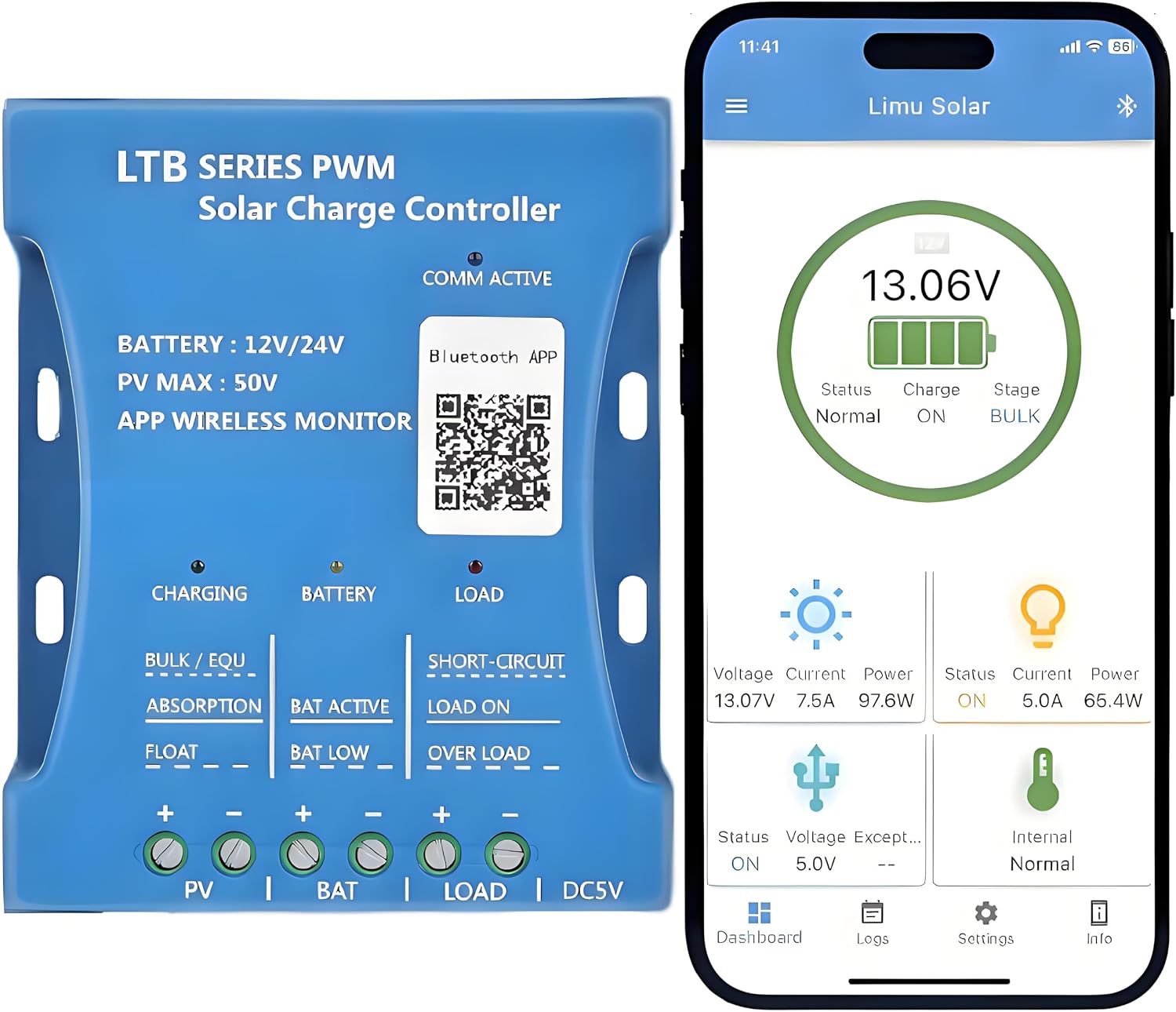 Detalle de KWODE KWODE023 PWM-zonnelaadregelaar 20 A met Bluetooth en USB