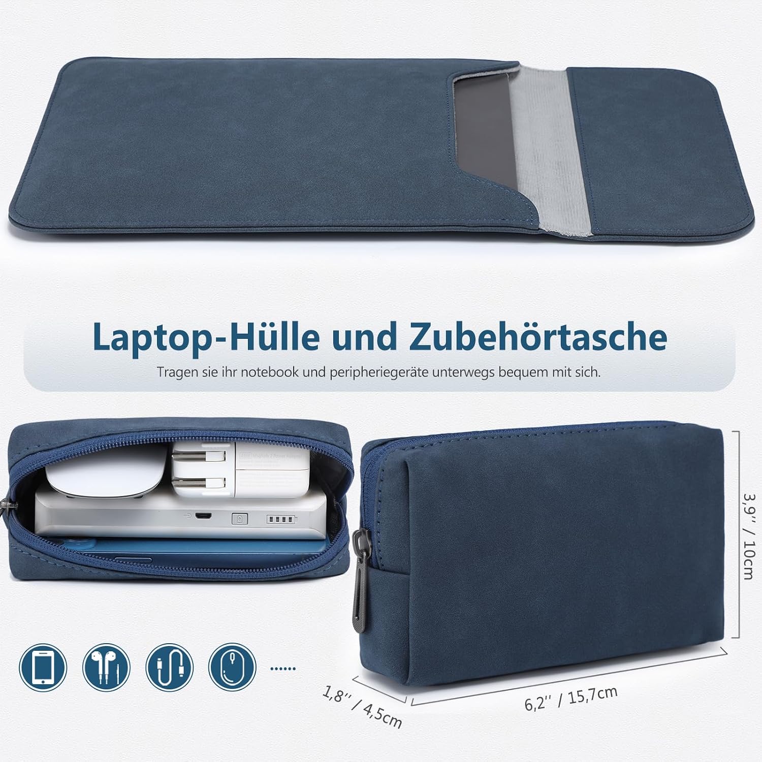 Detalle 2 de HYZUO Laptop Hülle für 15–16 Zoll (Kunstleder, Navy Blau) – passend u. a. für MacBook Pro 16/A3428/A3429/A3403/A3186
