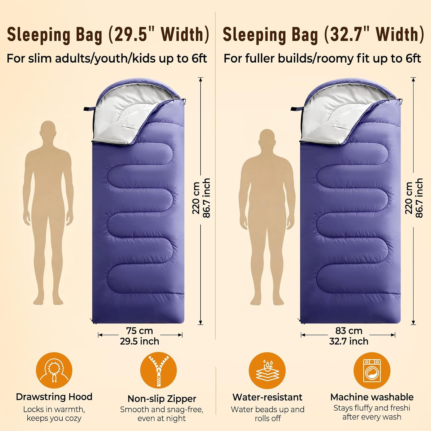 Detalle de FARLAND 3-Season Sleeping Bag, Purple, Water-Resistant Shell and Compression Sack
