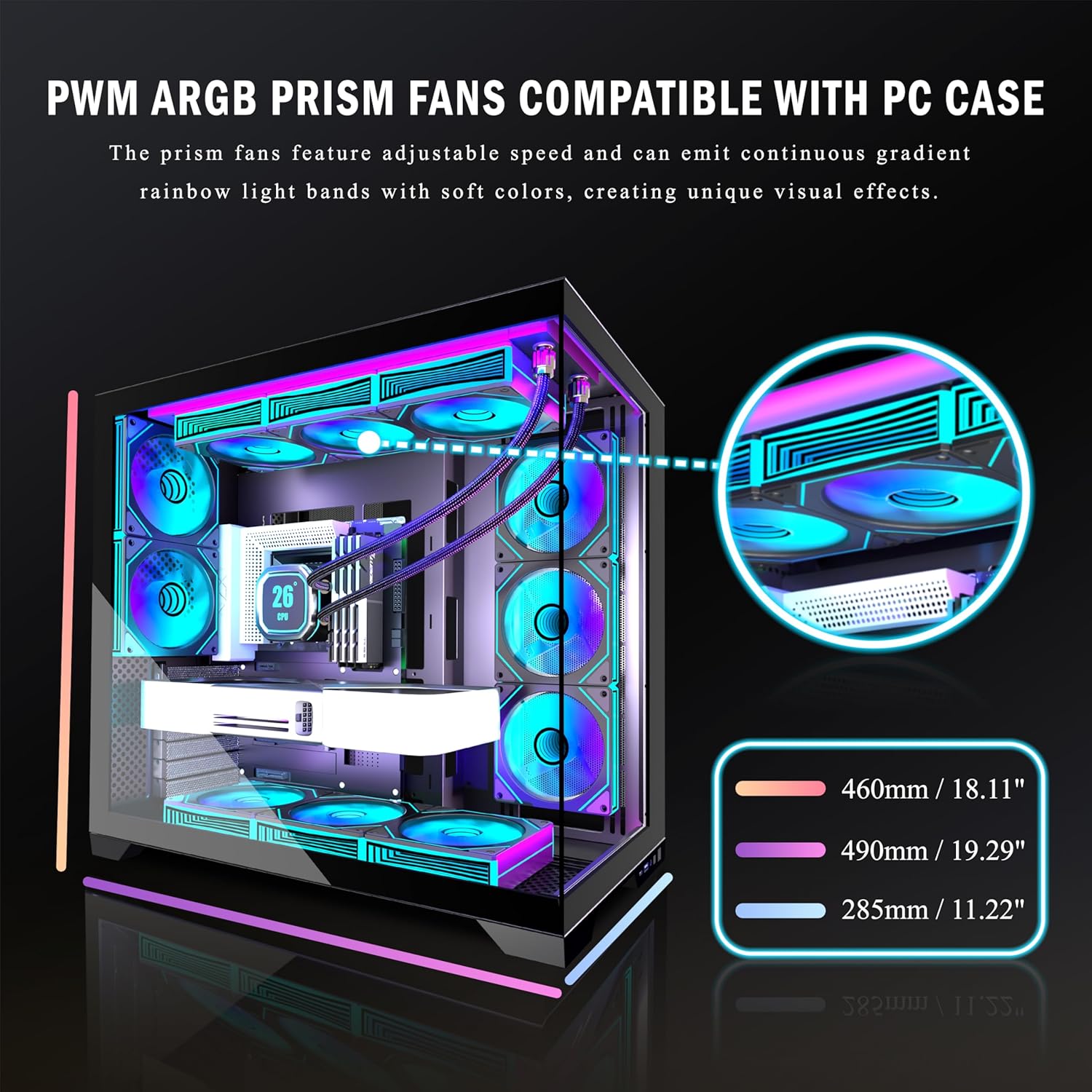 Thumbnail 6 de ANSAITE ATX PC-Gehäuse H9: Mid-Tower mit 9 ARGB PWM-Lüfter, 360 mm Radiator, Panorama-Glas