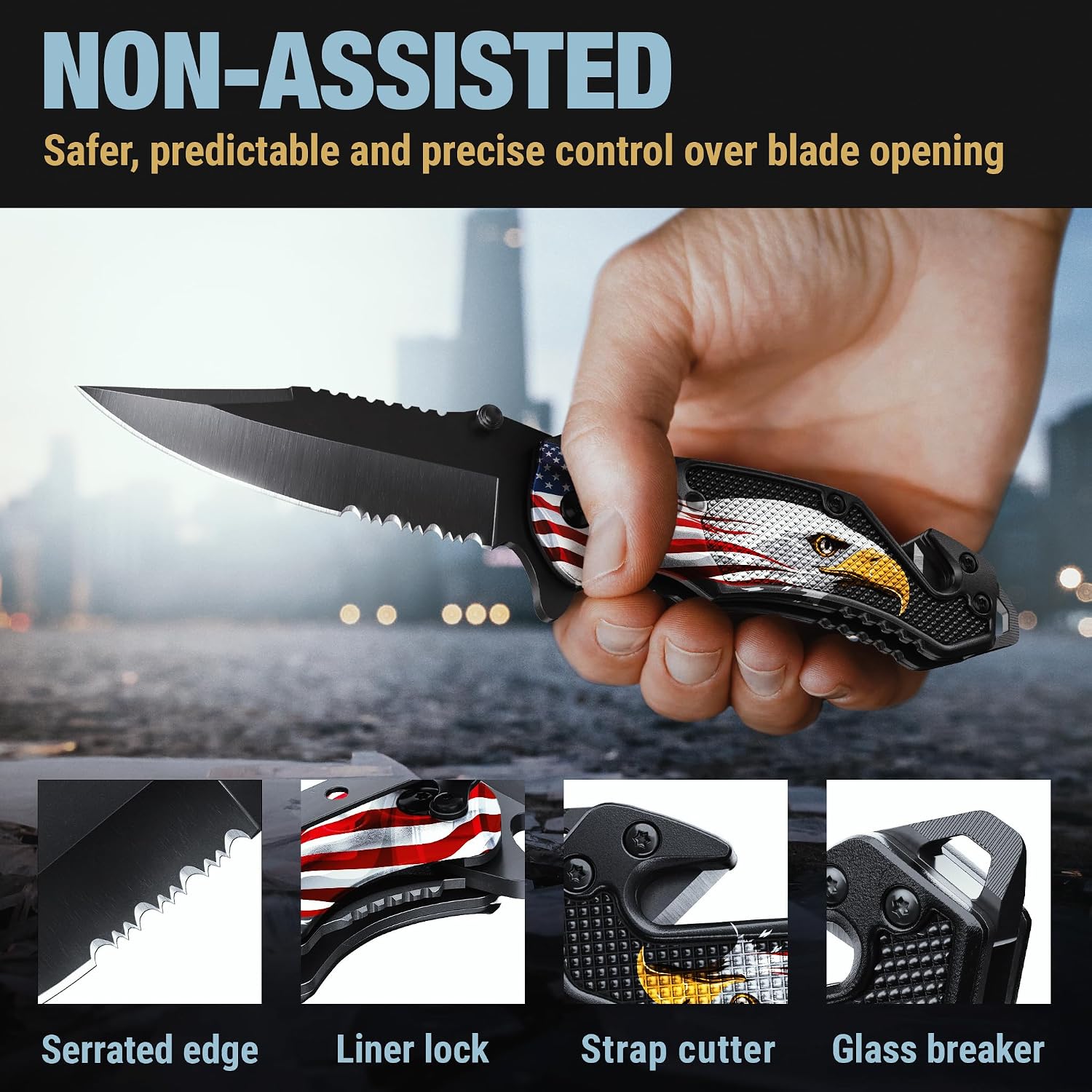 Thumbnail 2 de GOOD WORKER Patriotic Legal Pocket Knife with Serrated Blade and Glass Breaker