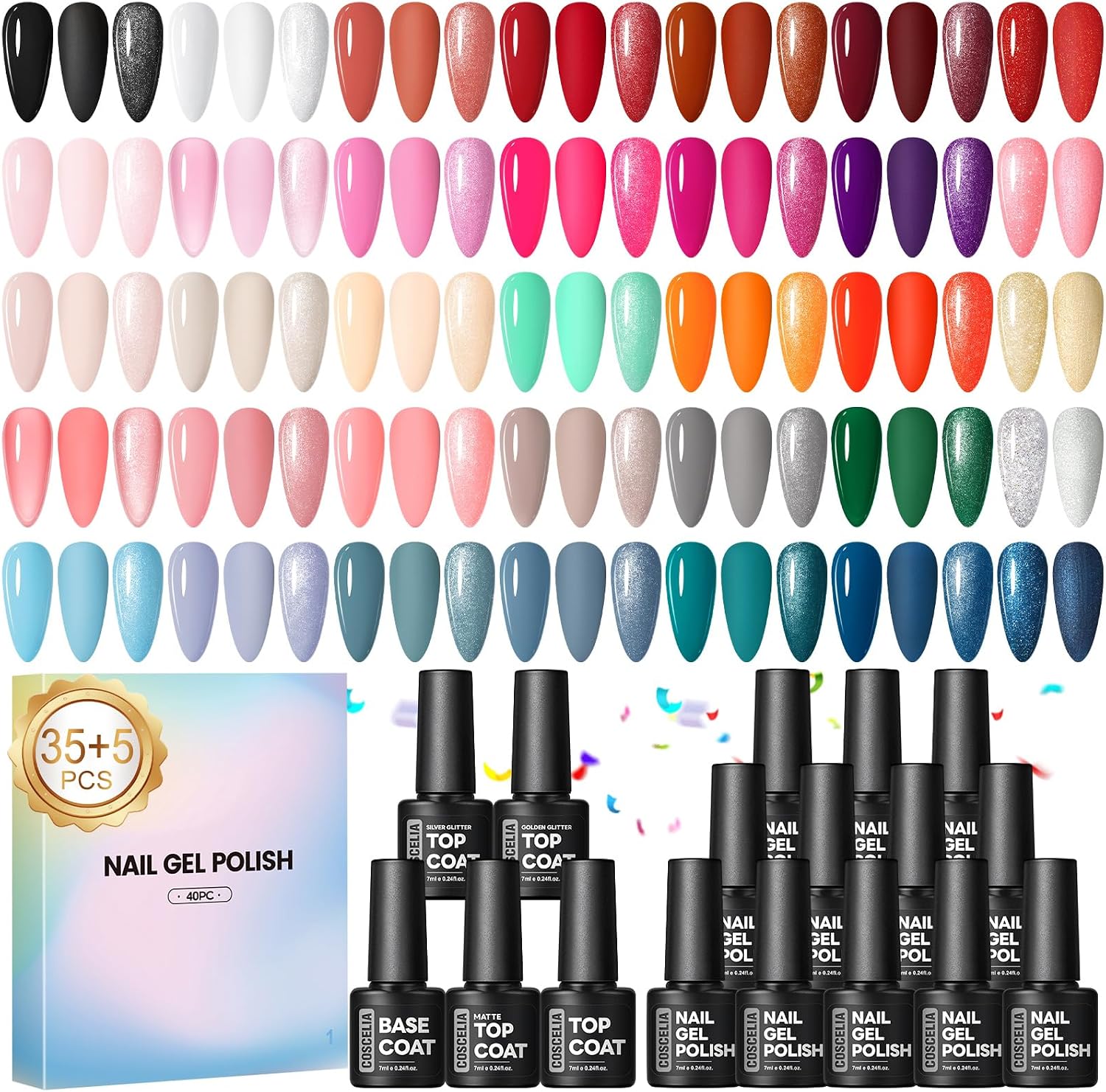 Detalle de Kit COSCELIA 40 pièces de vernis semi-permanent : 35 couleurs + base coat et 4 top coats (mat, brillant, pailleté)