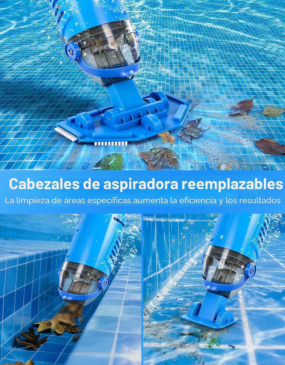 Detalle 2 de LanBlu Aspirador Piscina Batería con Varilla Telescópica y Cabezales Intercambiables