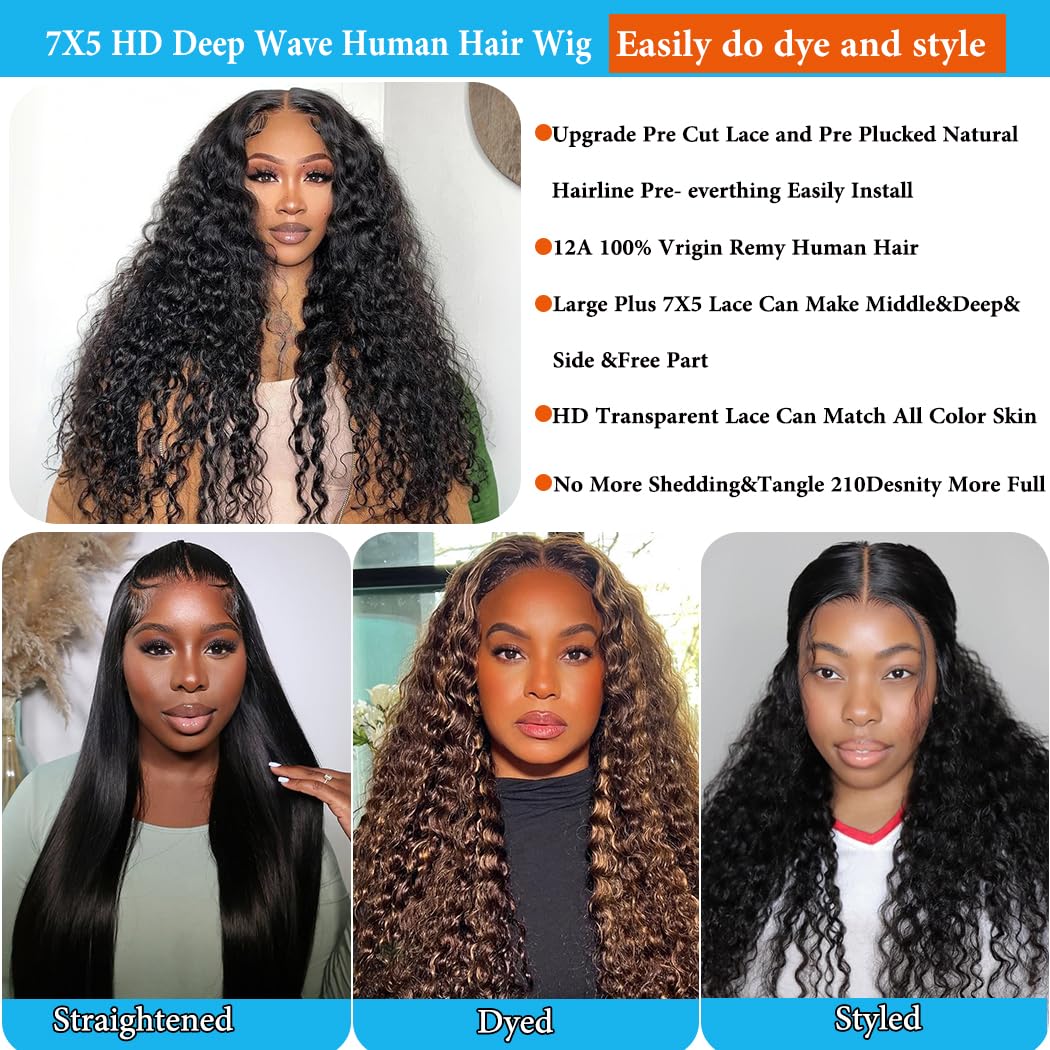 Detalle de 7x5 Deep Wave Glueless Wear and Go Human Hair Wig (Pre-plucked, Pre-cut, HD Lace, 210% Density)