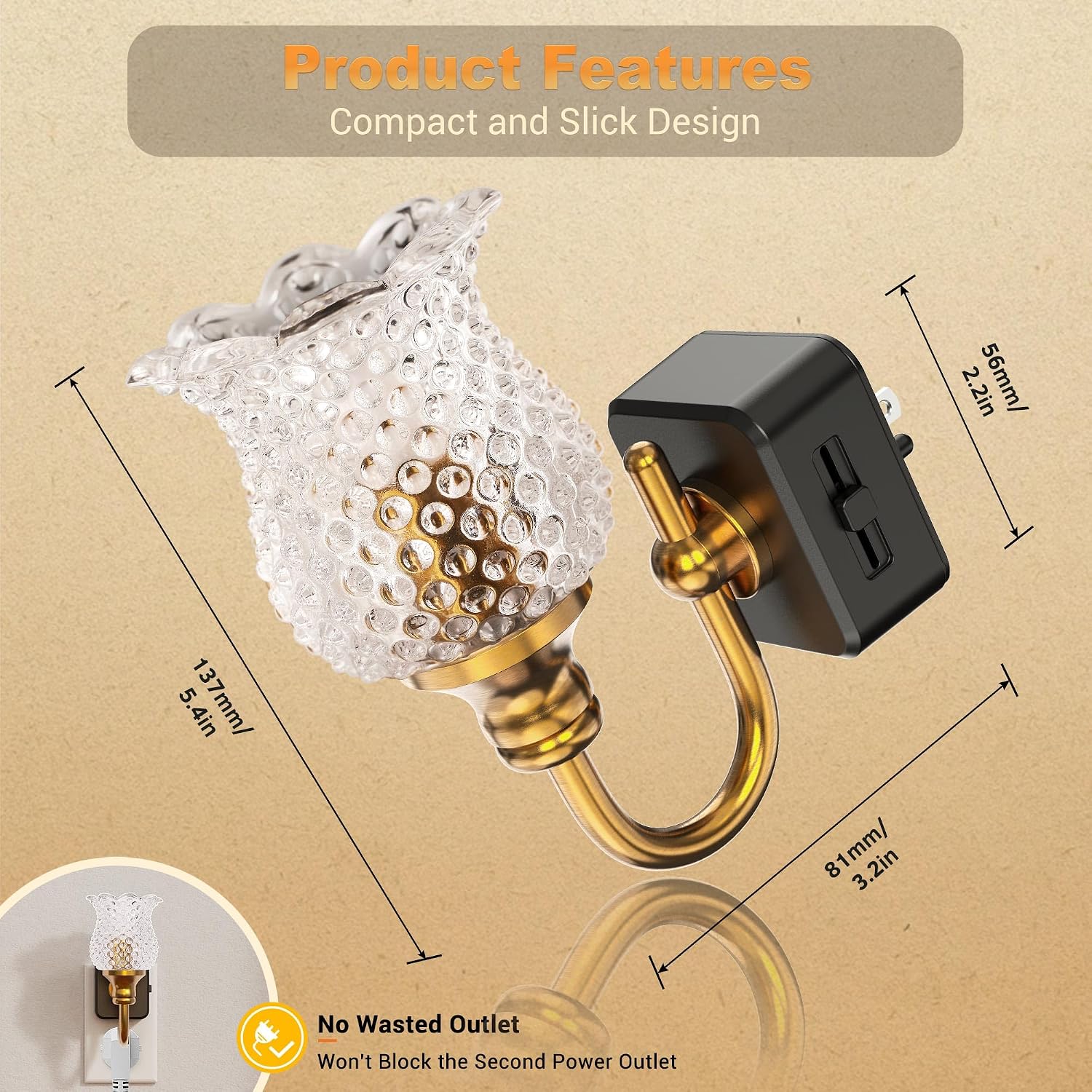 Thumbnail 5 de JandCase QX001 Floral LED Night Light, Dimmable 0–100 lm, Gold Glass