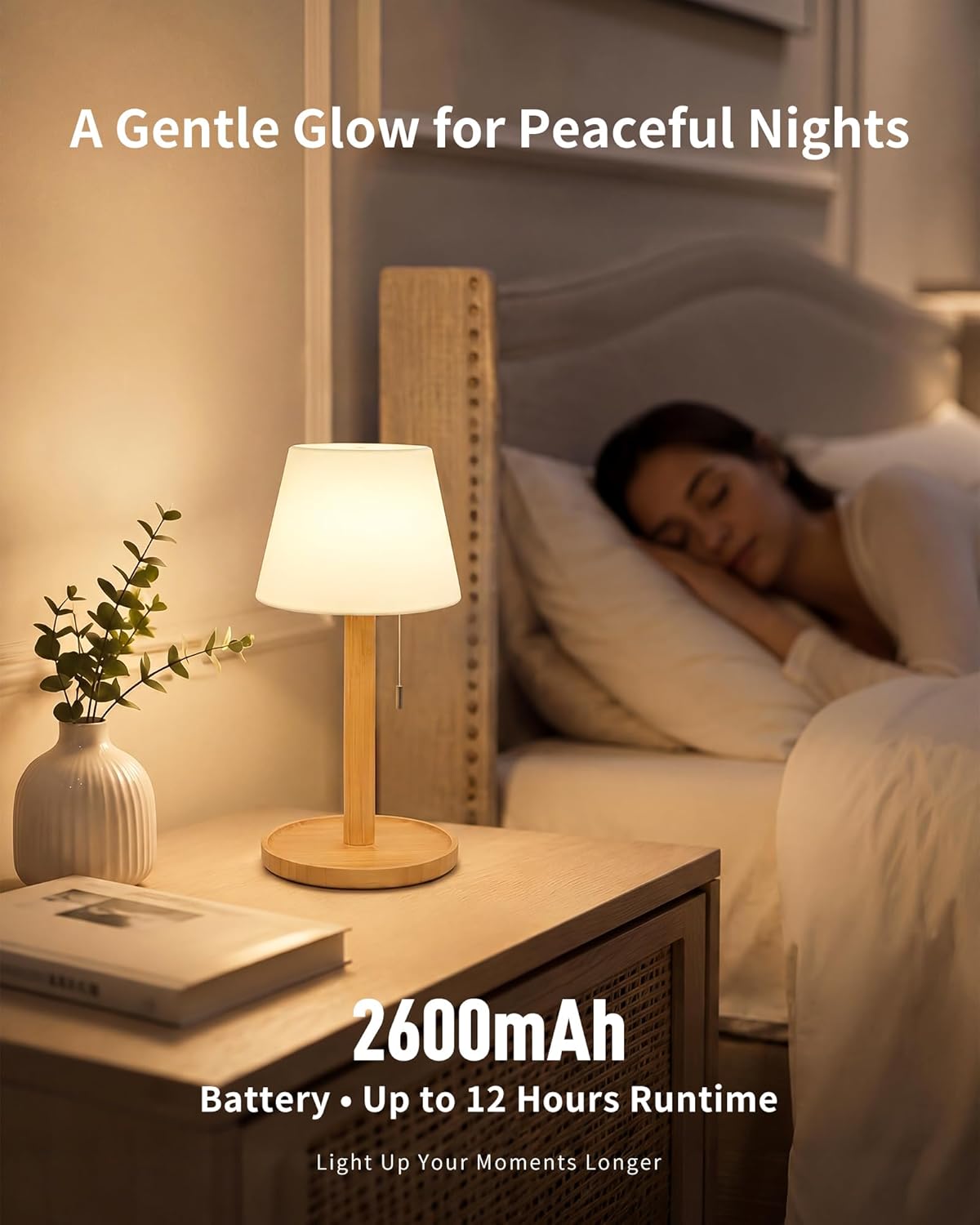 Thumbnail 2 de LuminexDesigns Rechargeable LED Table Lamp – Bamboo, Cordless with Pull-Chain, 3 Colour Temperatures (3000K-6000K)
