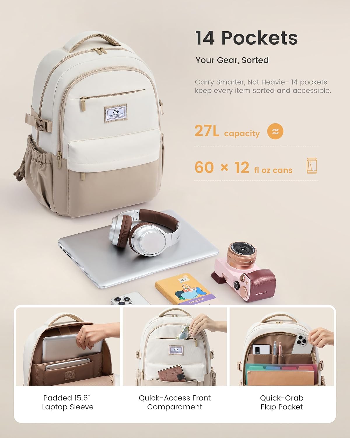 Detalle de LOVEVOOK Damen-Rucksack für Laptop bis 15,6 Zoll – wasserfester Schulrucksack mit vielen Fächern