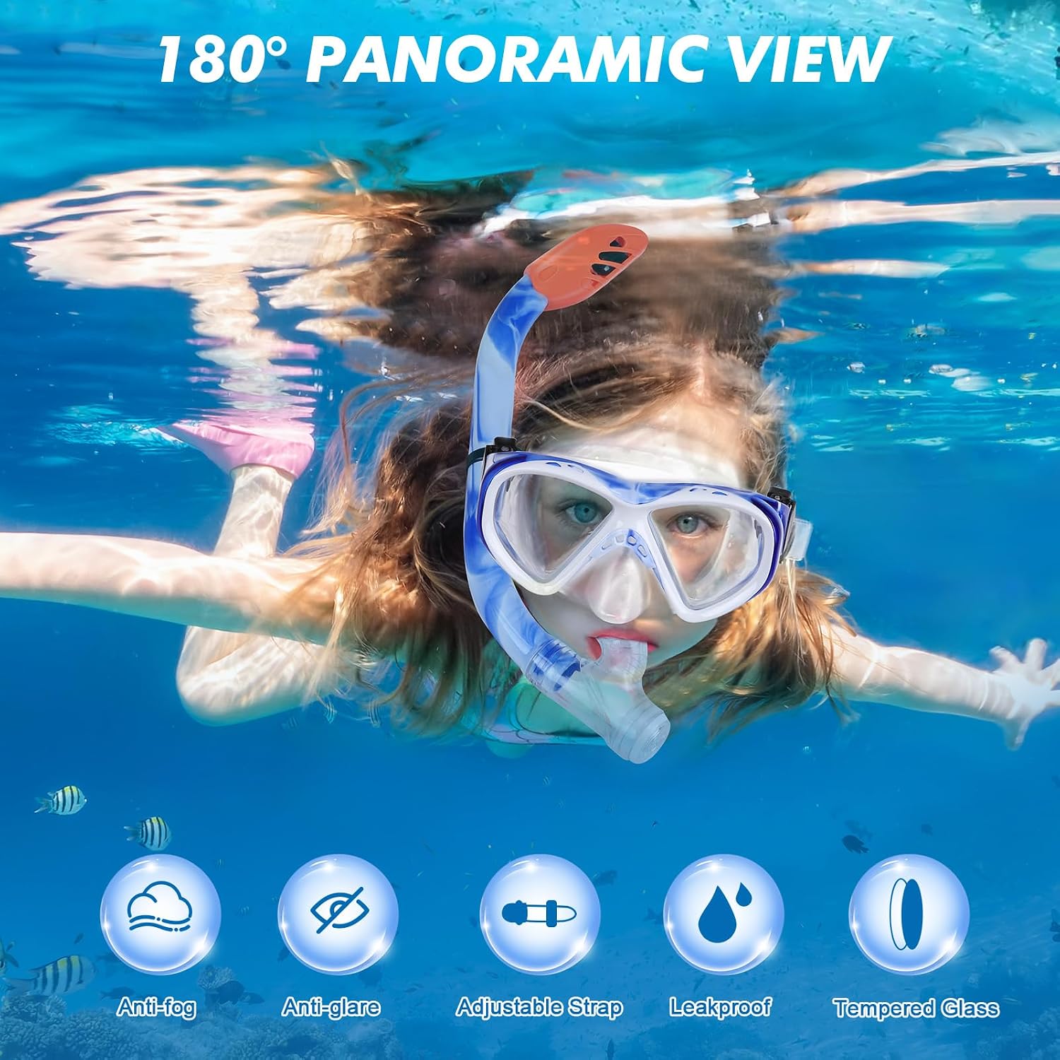 Detalle 2 de KUYOU Kids Snorkel Set Dry Top with 180° Panoramic Mask for Ages 5–12