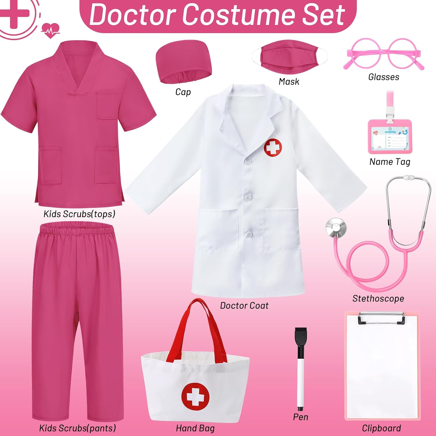 Detalle 2 de Wuclad 12-Piece Kids' Doctor Costume with Scrubs, Lab Coat and Stethoscope