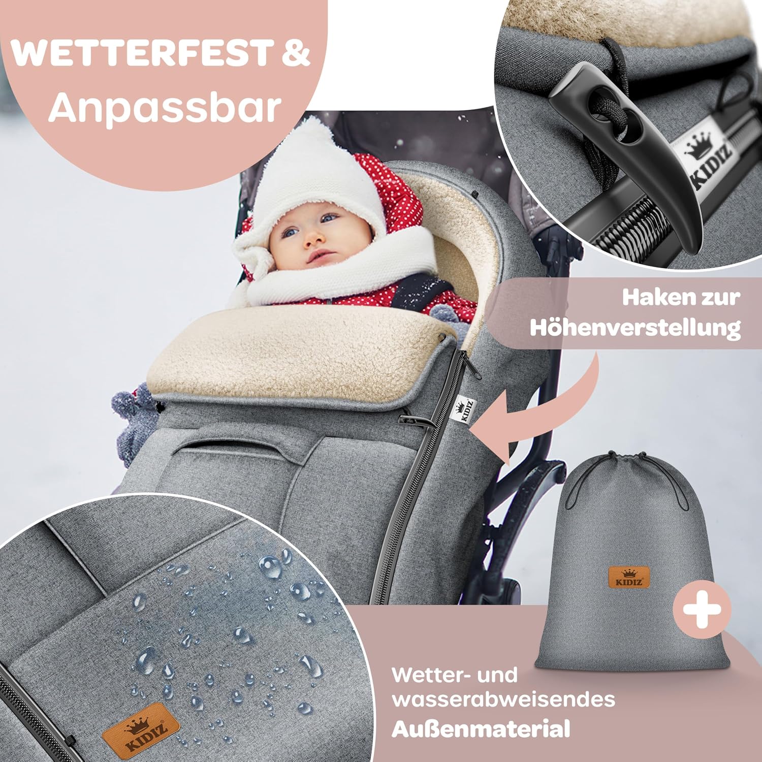 Thumbnail 6 de Kidiz Babyfußsack Winter für Babyschale & Kinderwagen (Jeans Grau) mit Reißverschluss und verschließbarem Kopfteil