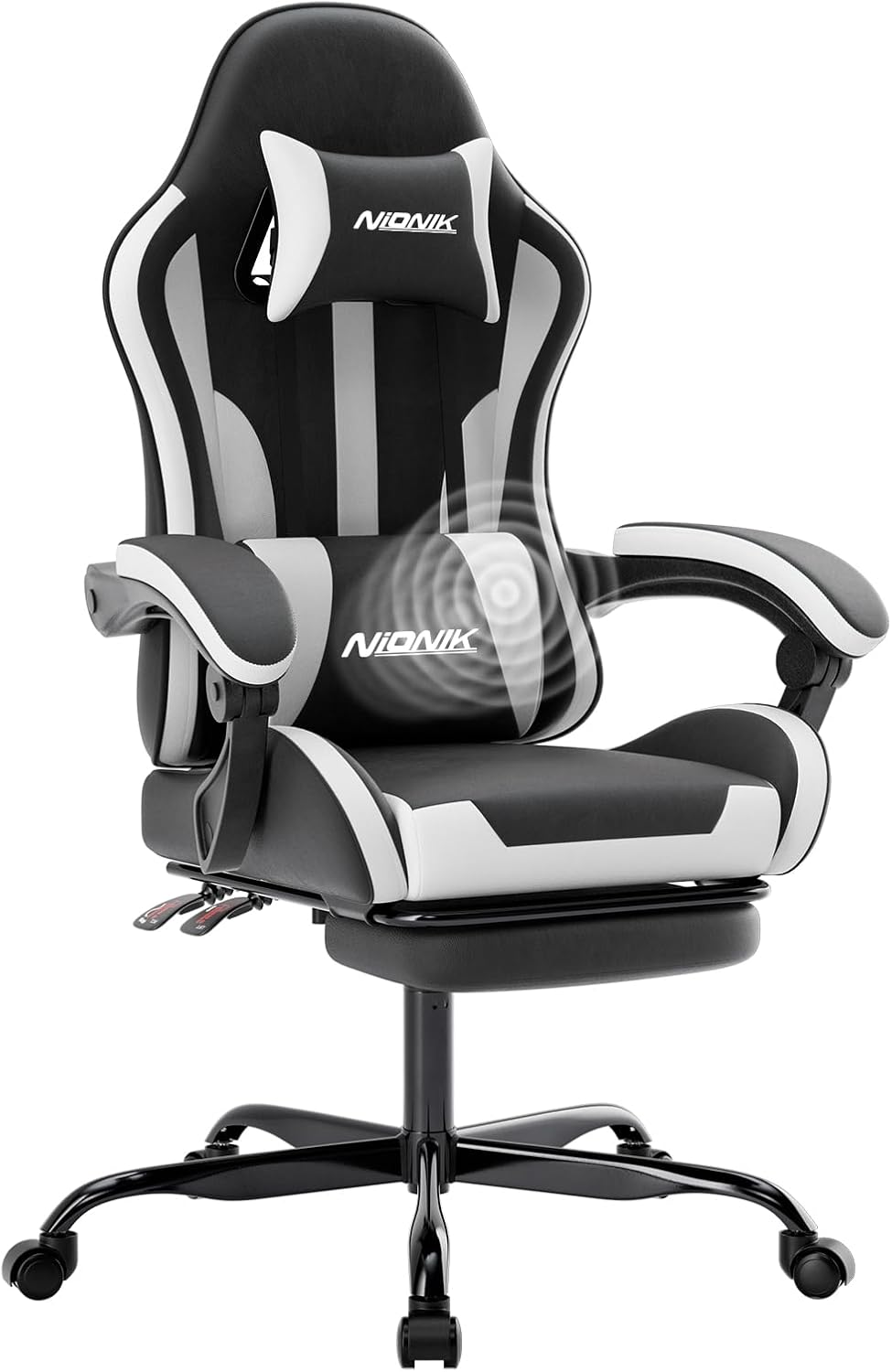 Detalle de NIONIK 602 Gaming Chair, Black and White Leather with Footrest and Lumbar Support