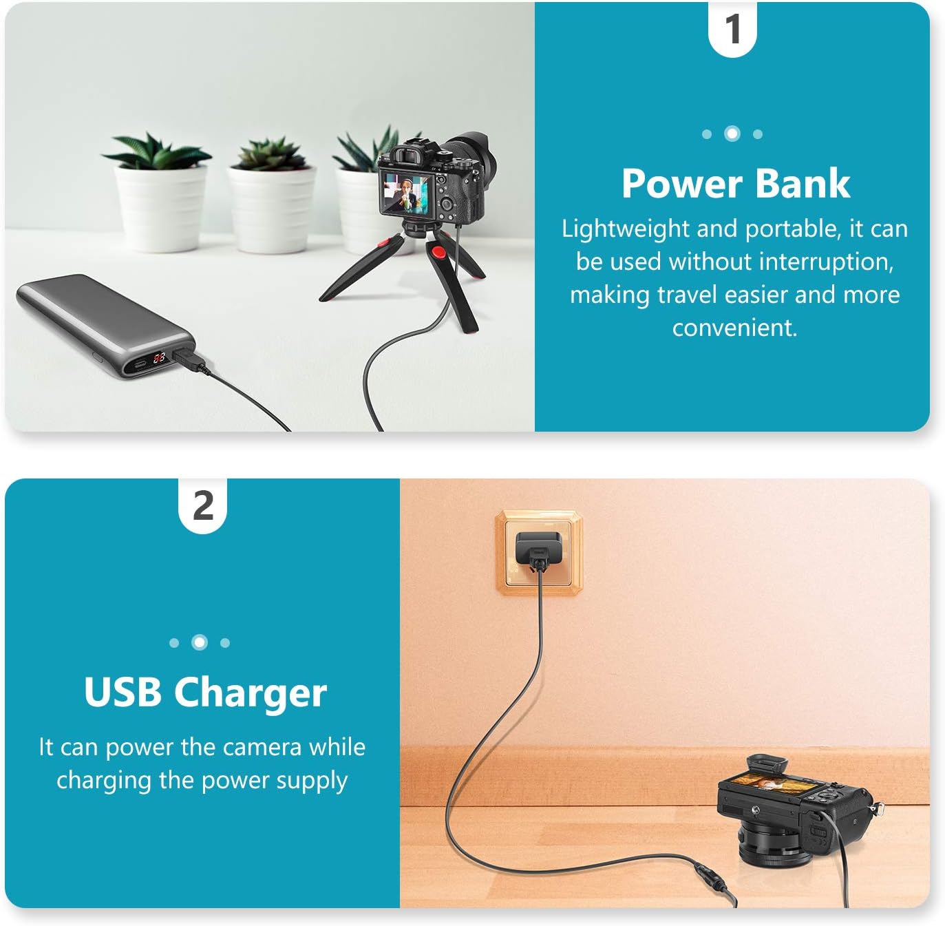Detalle de NEEWER DC Accoppiatore di ricambio per batteria NP-FW50 con alimentazione USB (5V-2A) per fotocamere Sony A7/A6500/NEX