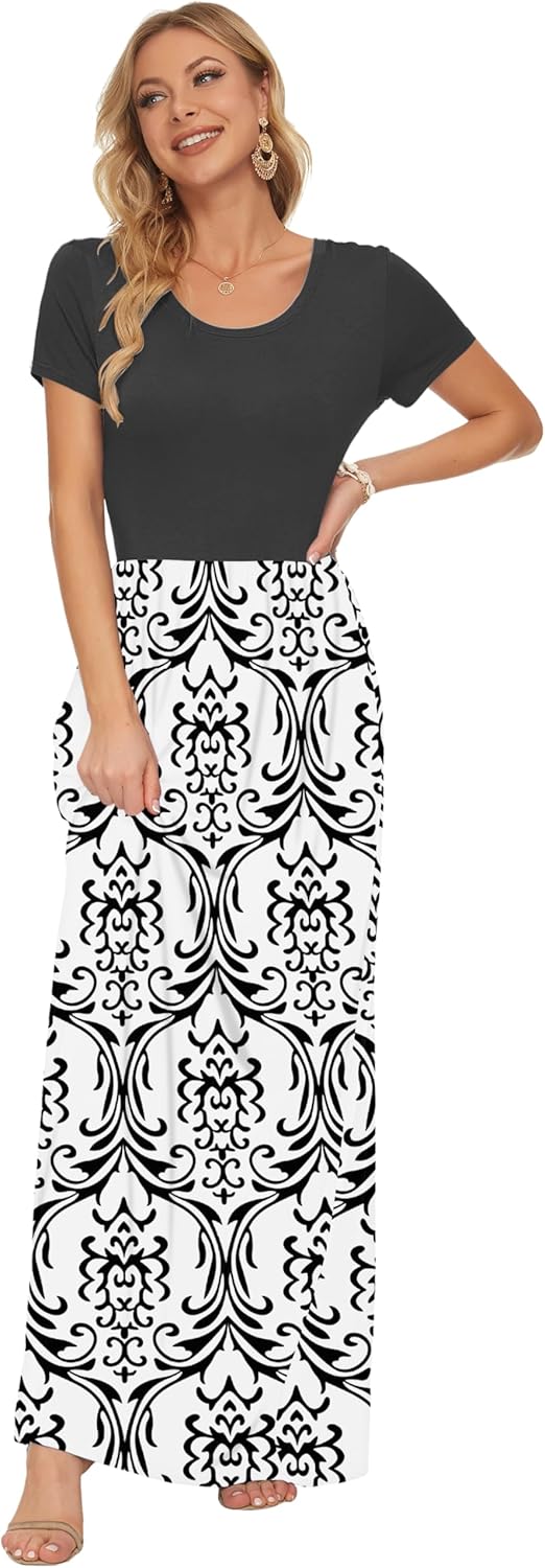 Detalle de AUSELILY Damen Maxi-Kleid mit Taschen – Kurzarm, elastische Taille, weiß möglich (Sommer/Strand)