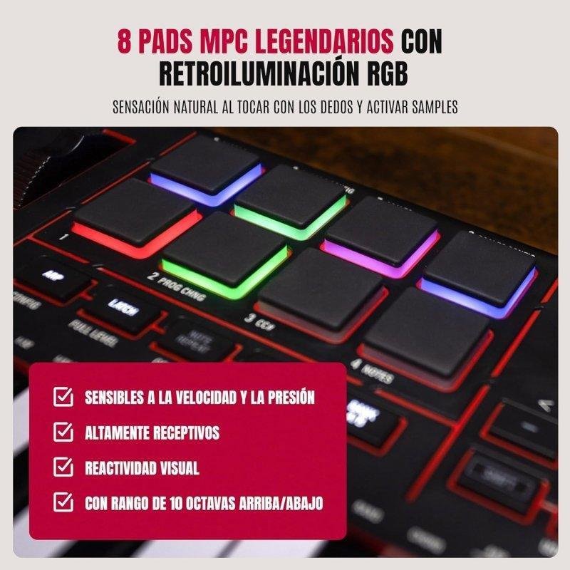 Detalle de Akai MPK Mini IV: controlador MIDI compacto con 25 teclas, pads RGB y 8 perillas asignables