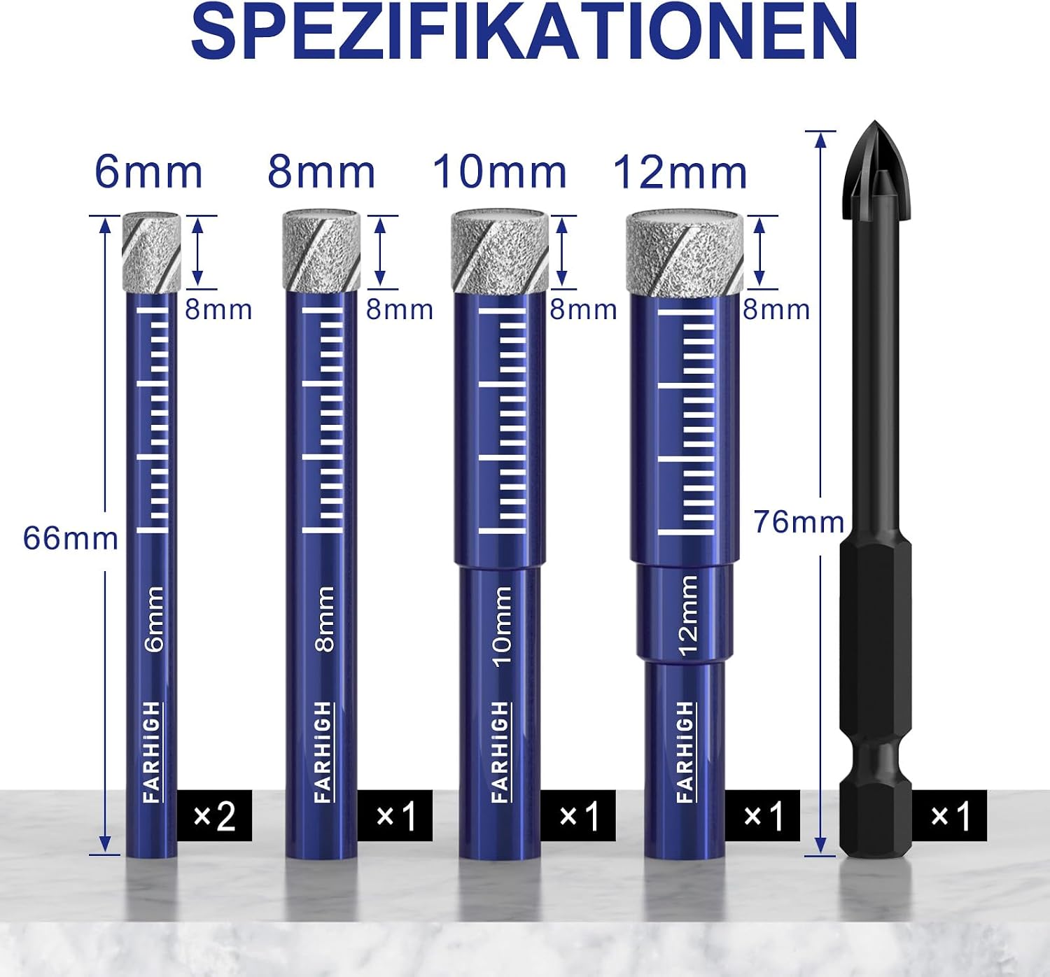 Thumbnail 1 de Farhigh Diamantbohrer Set 6-tlg.: Diamant- und Hartmetallbohrer für Keramik, Glas, Fliesen, Stein und mehr