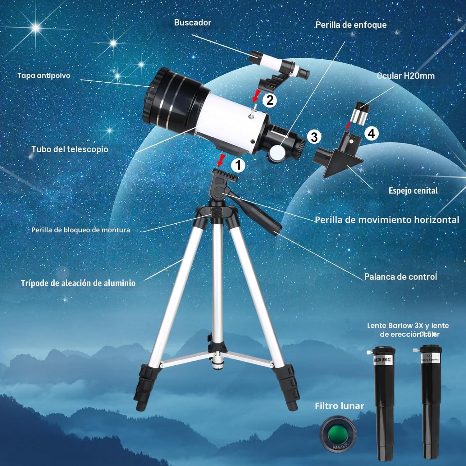Detalle 2 de Misilmp Telescopio 70 mm para principiantes