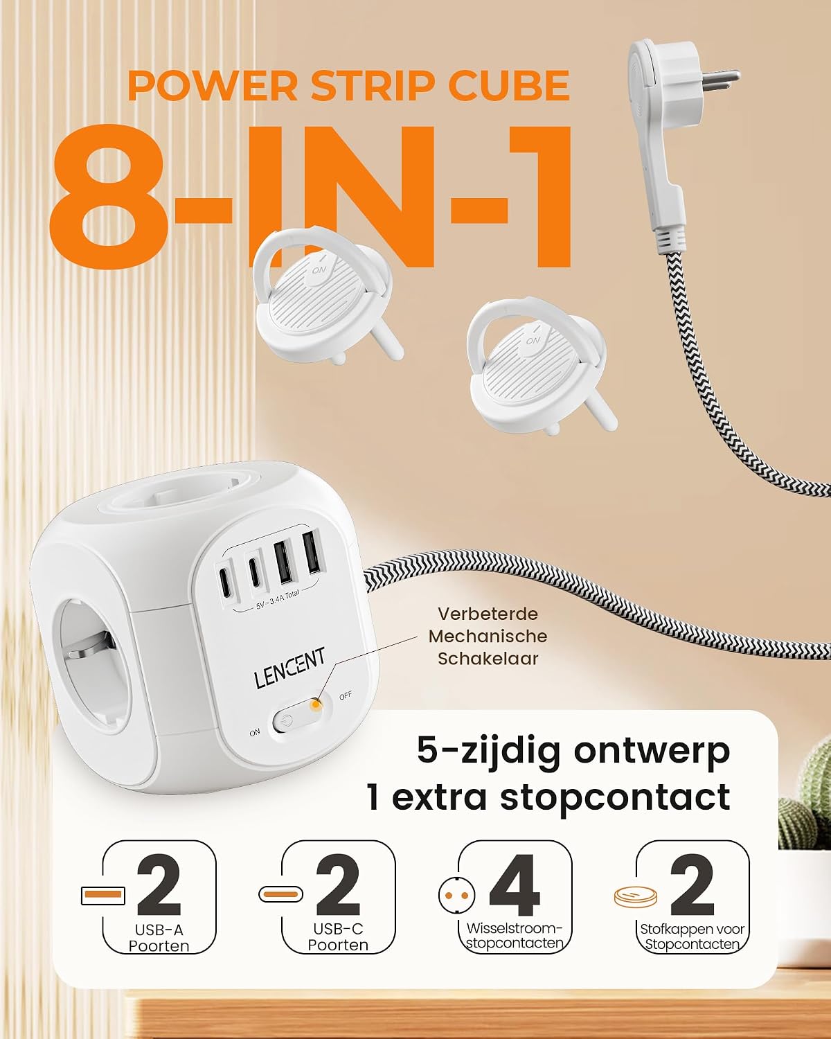 Detalle 2 de LENCENT SL-805E-F stekkerdoos met platte stekker, 4 stopcontacten en USB