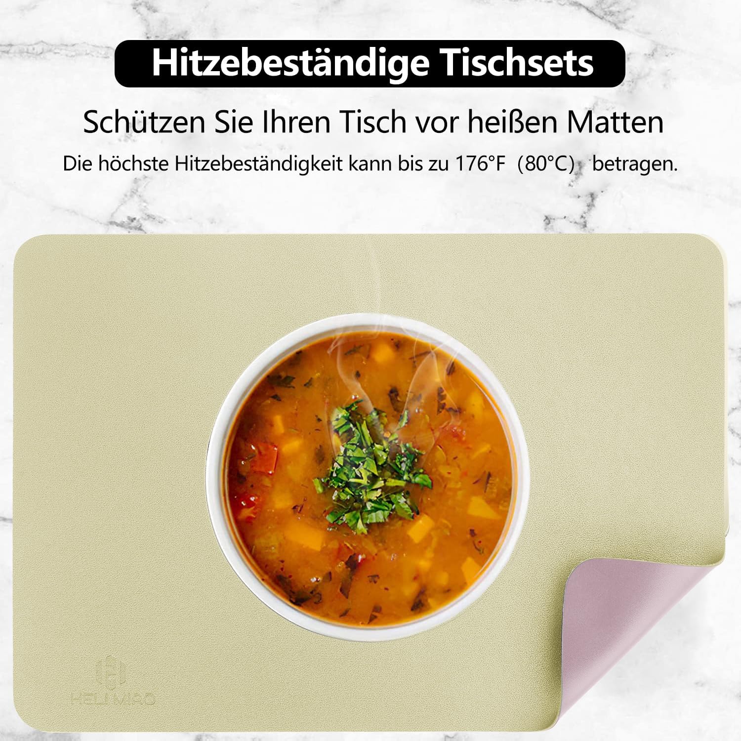 Detalle 2 de HELI MIAO abwischbare Tischsets aus PVC-Lederoptik inkl. Untersetzer (2er-Set), grasgrün & violett