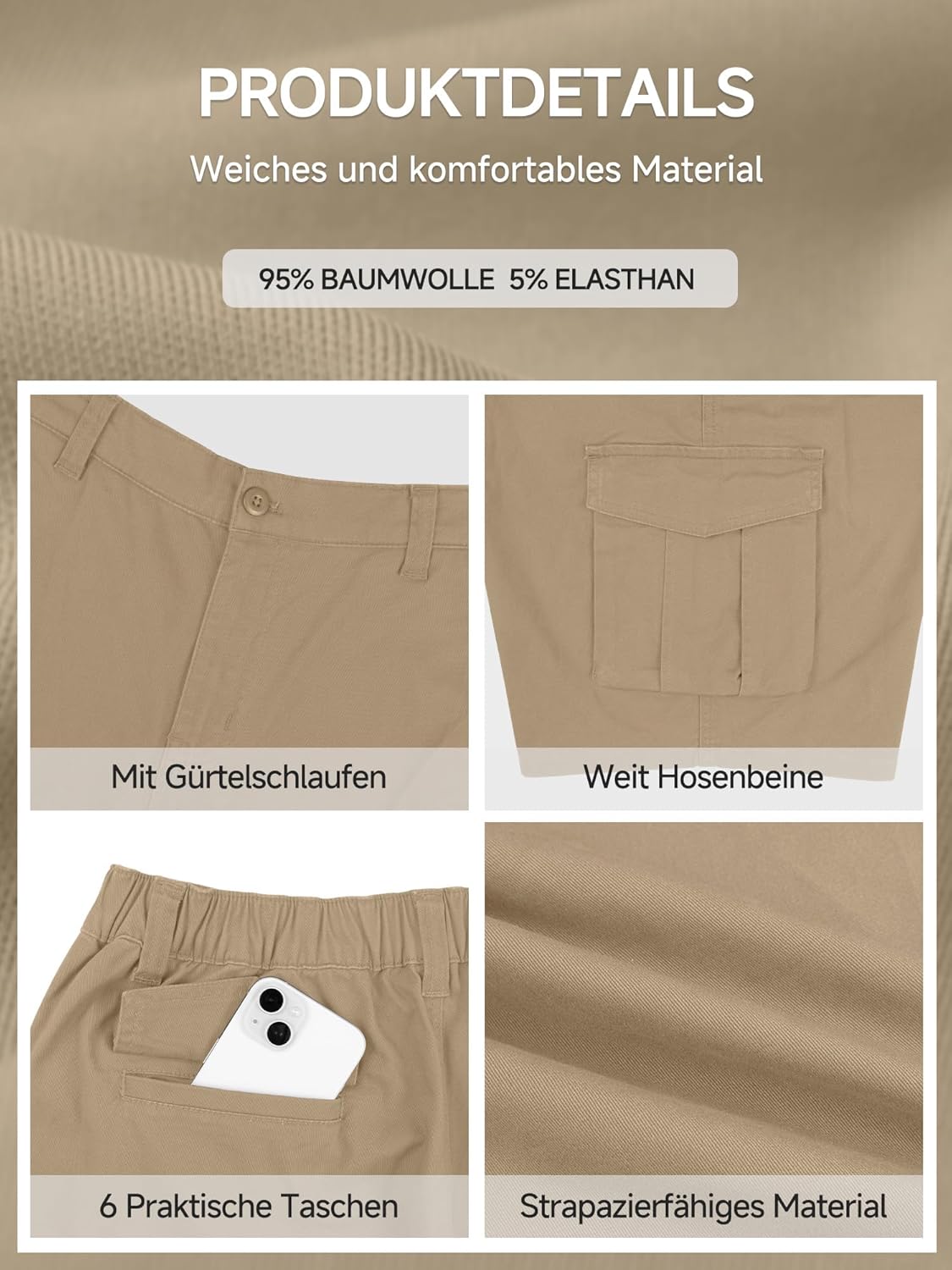 Detalle de StylSense Kurze Hosen Herren – Cargo Shorts aus Baumwolle mit 6 Taschen