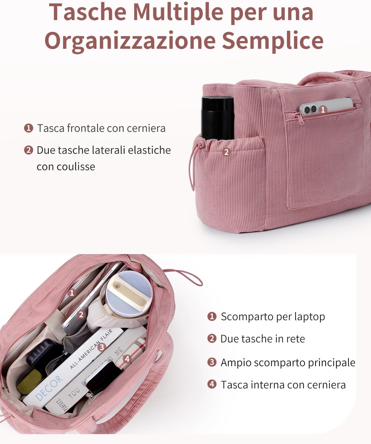 Thumbnail 4 de ECOHUB Tote Bag: Borsa Tote da Donna in velluto a coste, grande capacità, cerniera e multitasche