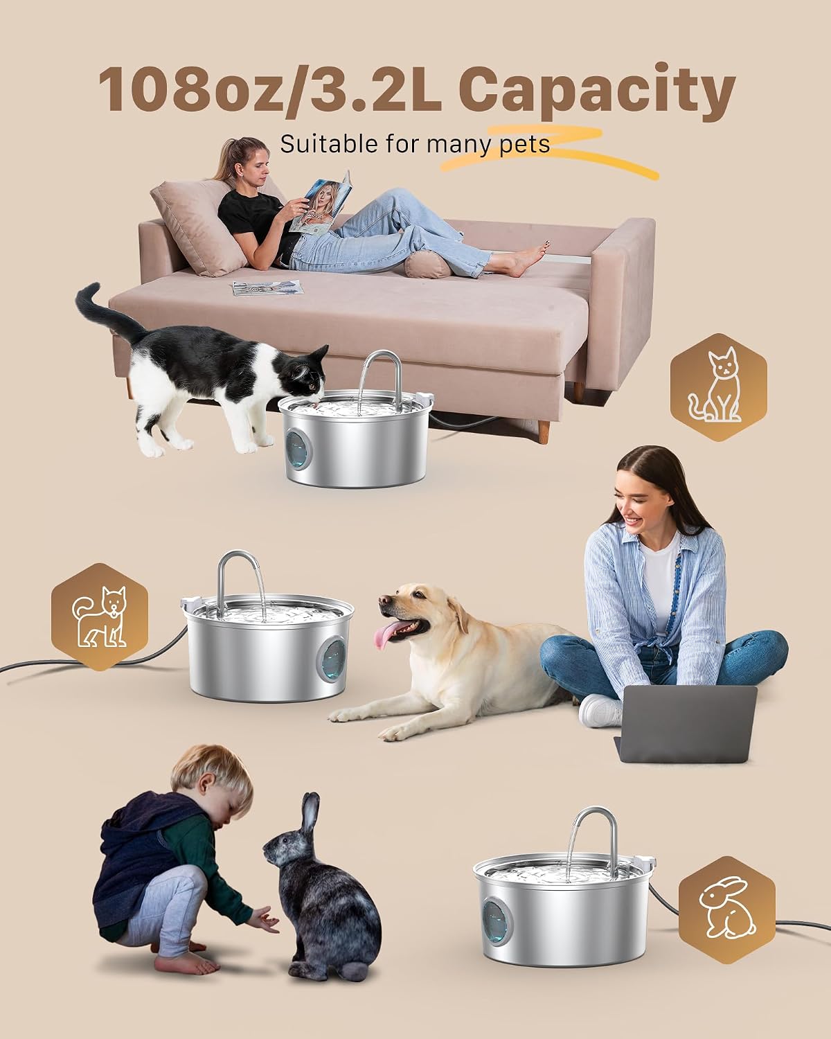 Detalle 1 de Cat Water Fountain for Drinking: Quiet Cat Water Fountain - 108oz/3.2L Cats fountain - Pet Waterer Fountains - 9 Filters - FOFNON
Cat Water Fountain for Drinking: Quiet Cat Water…
