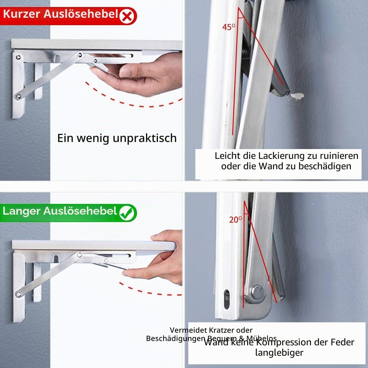 Thumbnail 6 de YUMORE Klappkonsole Schwerlast 400mm (2er-Set) – Wandmontage, Edelstahl, 150 kg Tragfähigkeit