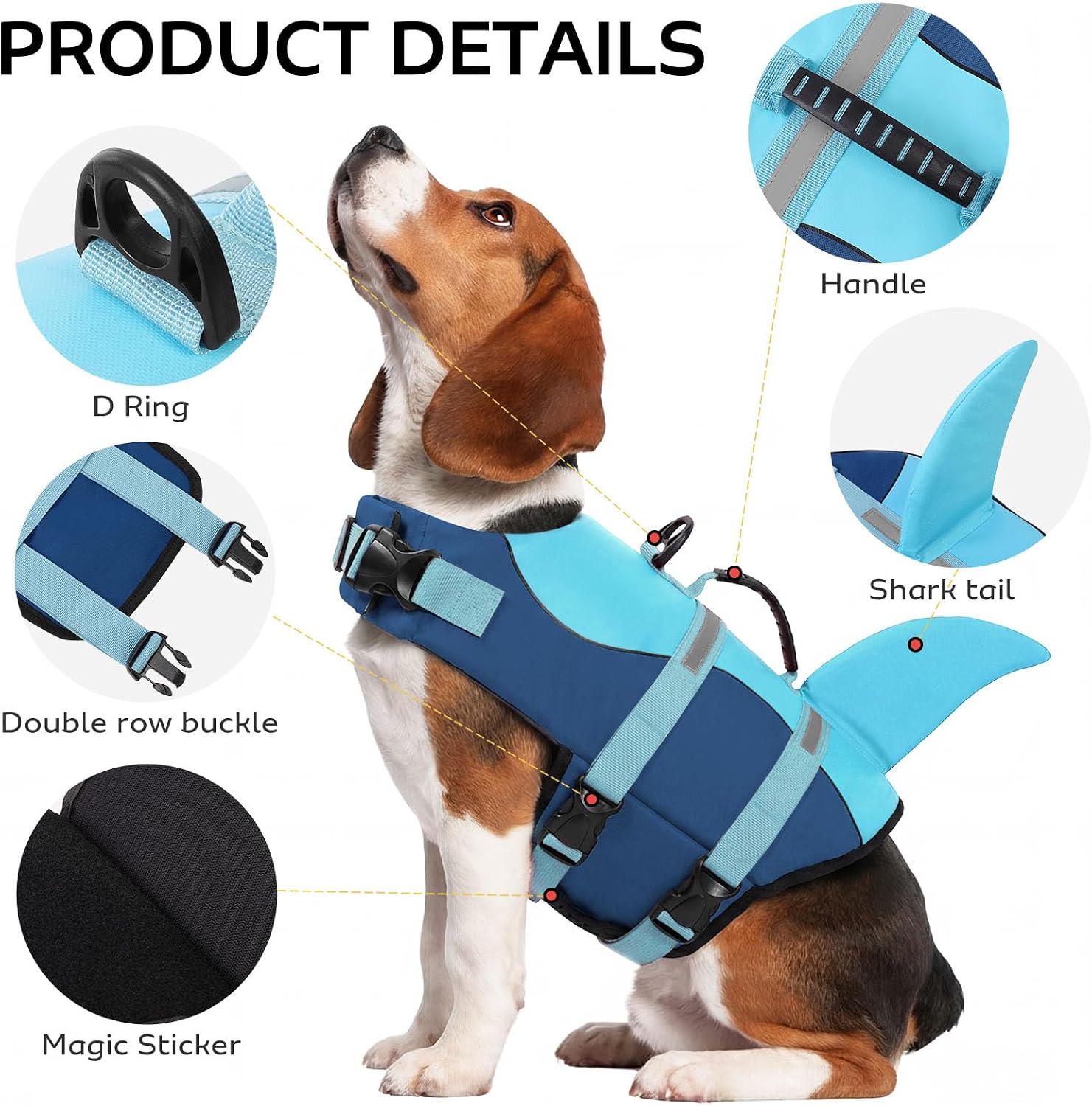 Detalle 2 de CITÉTOILE Schwimmweste Hund Hai – verstellbare Rettungsweste mit Griff, Reflektoren und Hai-Design