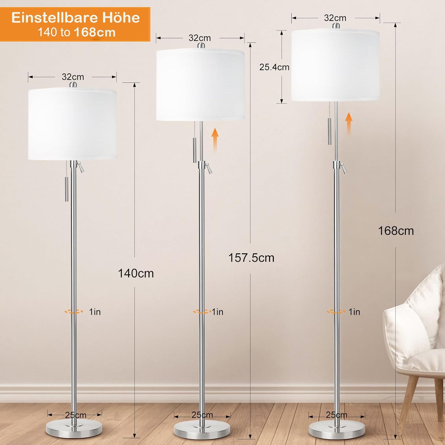 Thumbnail 1 de Qingmiao Stehlampe Wohnzimmer Modern mit Leinen-Lampenschirm, höhenverstellbar 140–168 cm, E27, 3 Farbtemperaturen (3000–6000K) – Silber