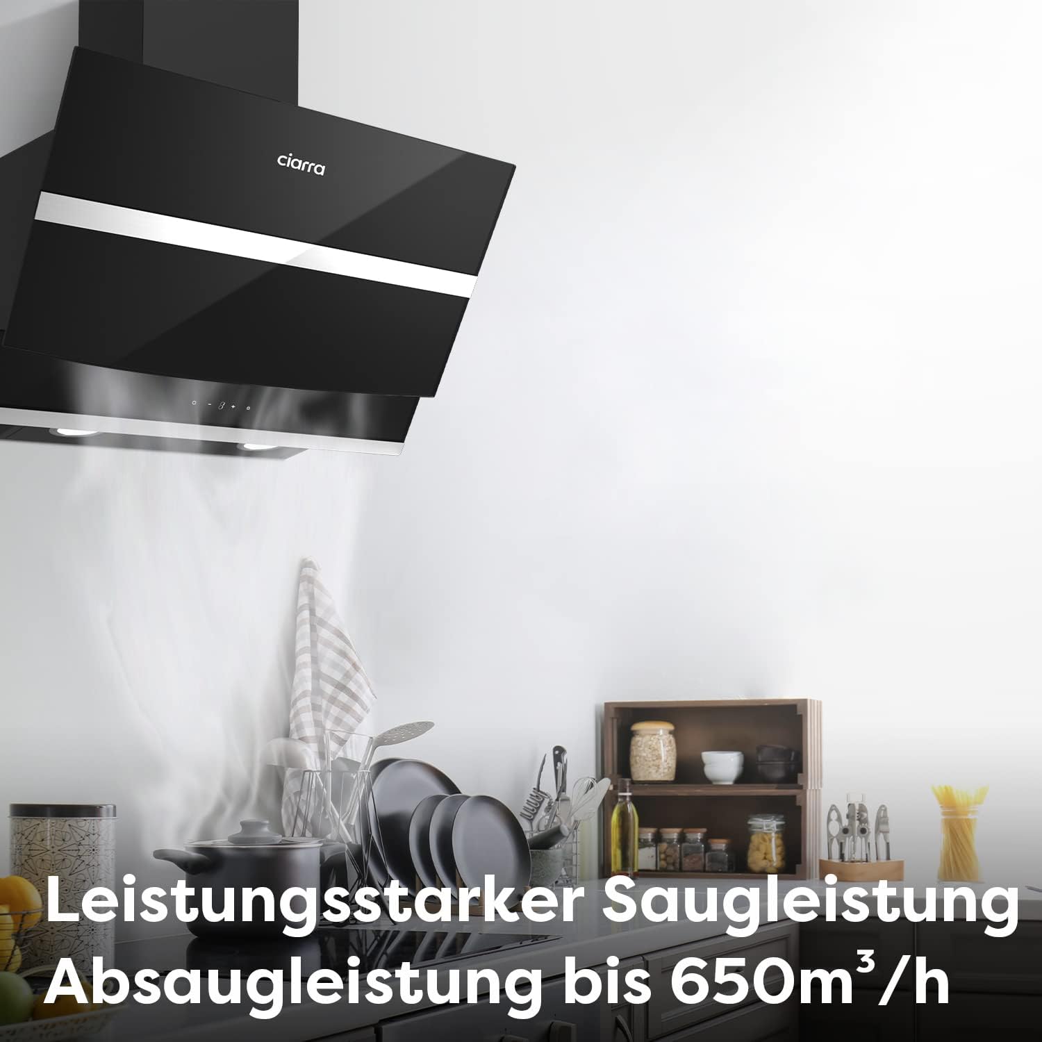 Detalle de CIARRA A+++ ASB6736N Dunstabzugshaube 60 cm, kopffreie Schräghaube mit Umluft/Abluft, 650 m³/h