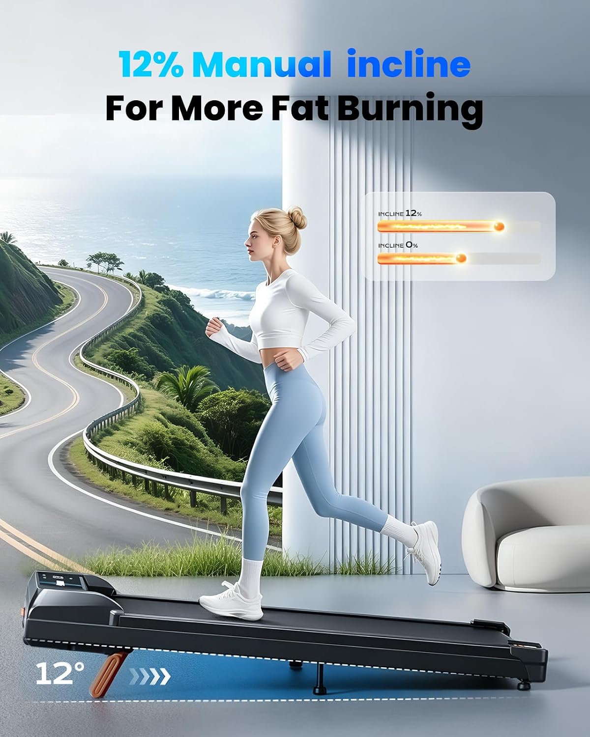 Detalle de Abonow Under-Desk Walking Pad Treadmill with 12% Manual Incline, 2.5 HP Motor