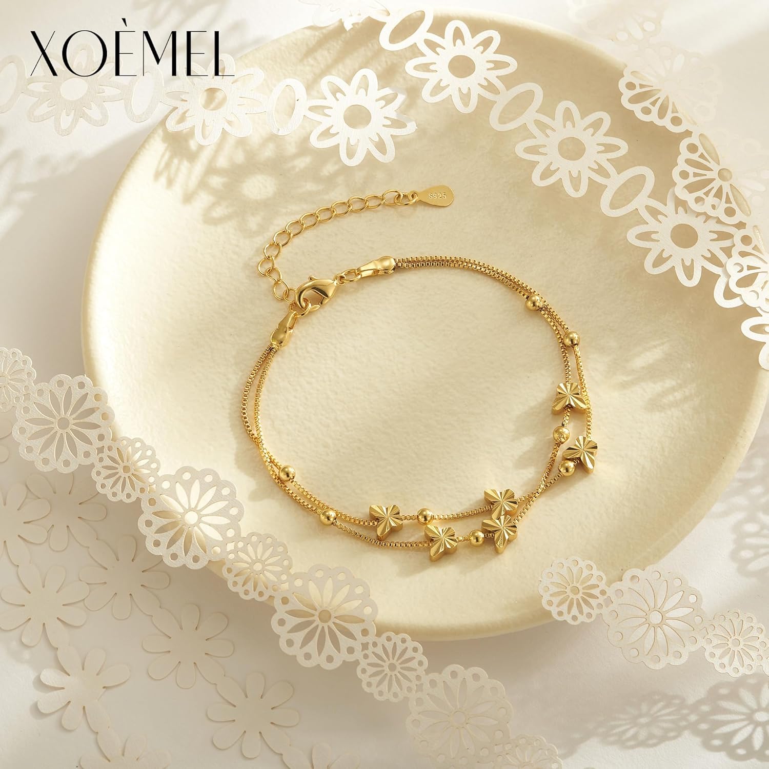 Thumbnail 4 de XOEMEL Bracelet en argent 925 pour femme – motif papillons, doré rose et perles, réglable 43 cm