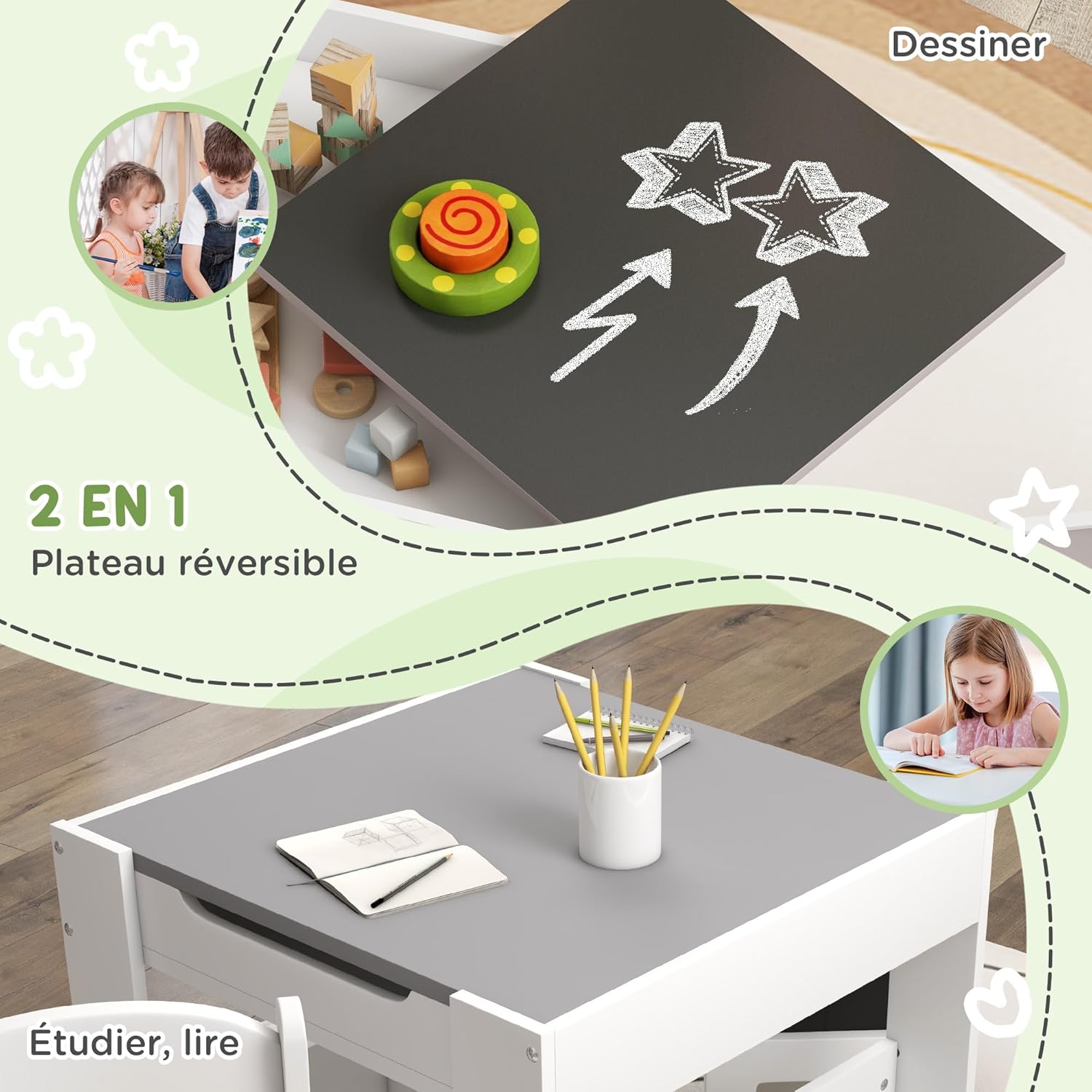 Thumbnail 2 de HOMCOM Ensemble 3 pièces table et 2 chaises enfant avec plateau réversible et rangements