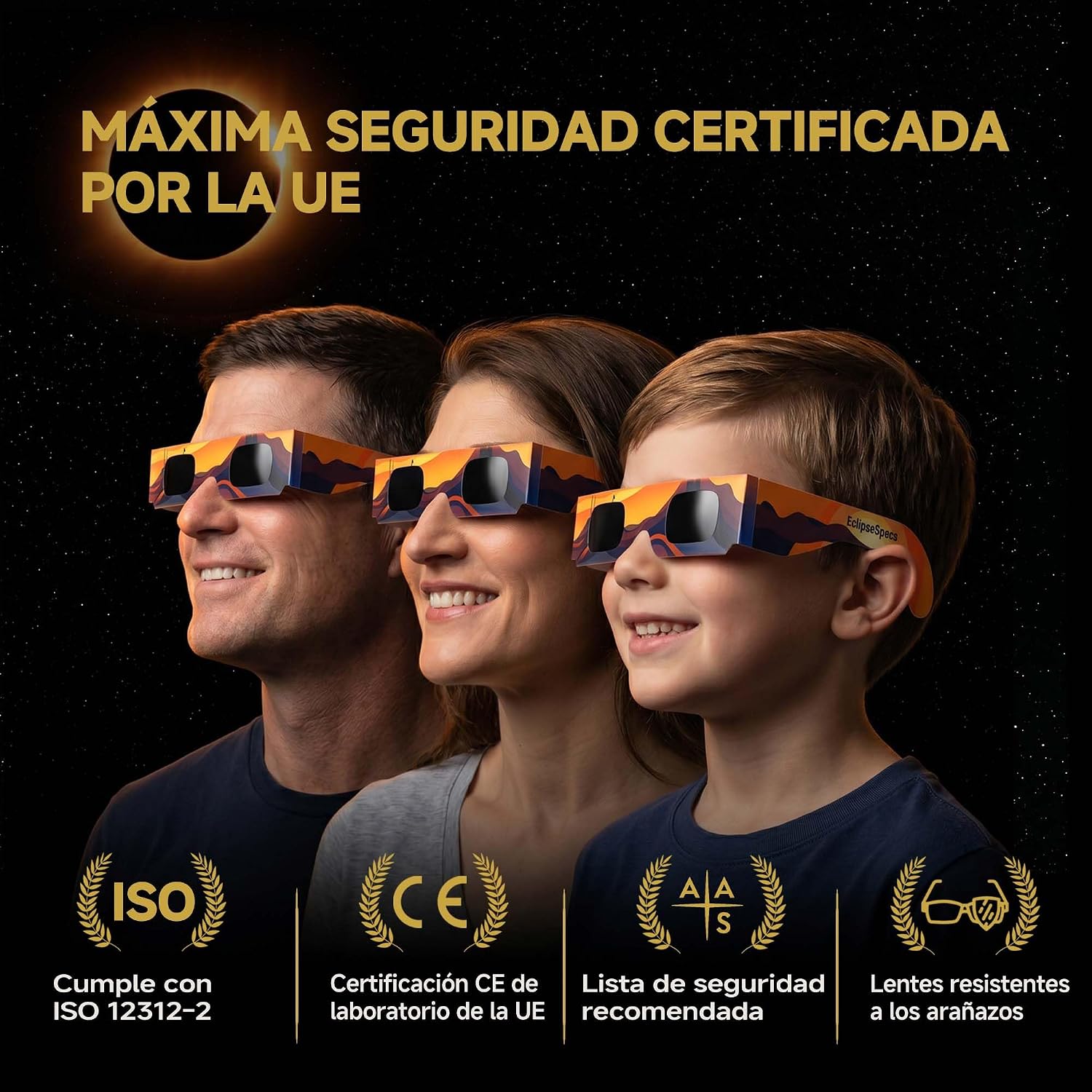 Detalle de Gafas Eclipse Specs: Pack de 3/5/10/25 gafas para observación solar con certificación ISO 12312-2 y CE