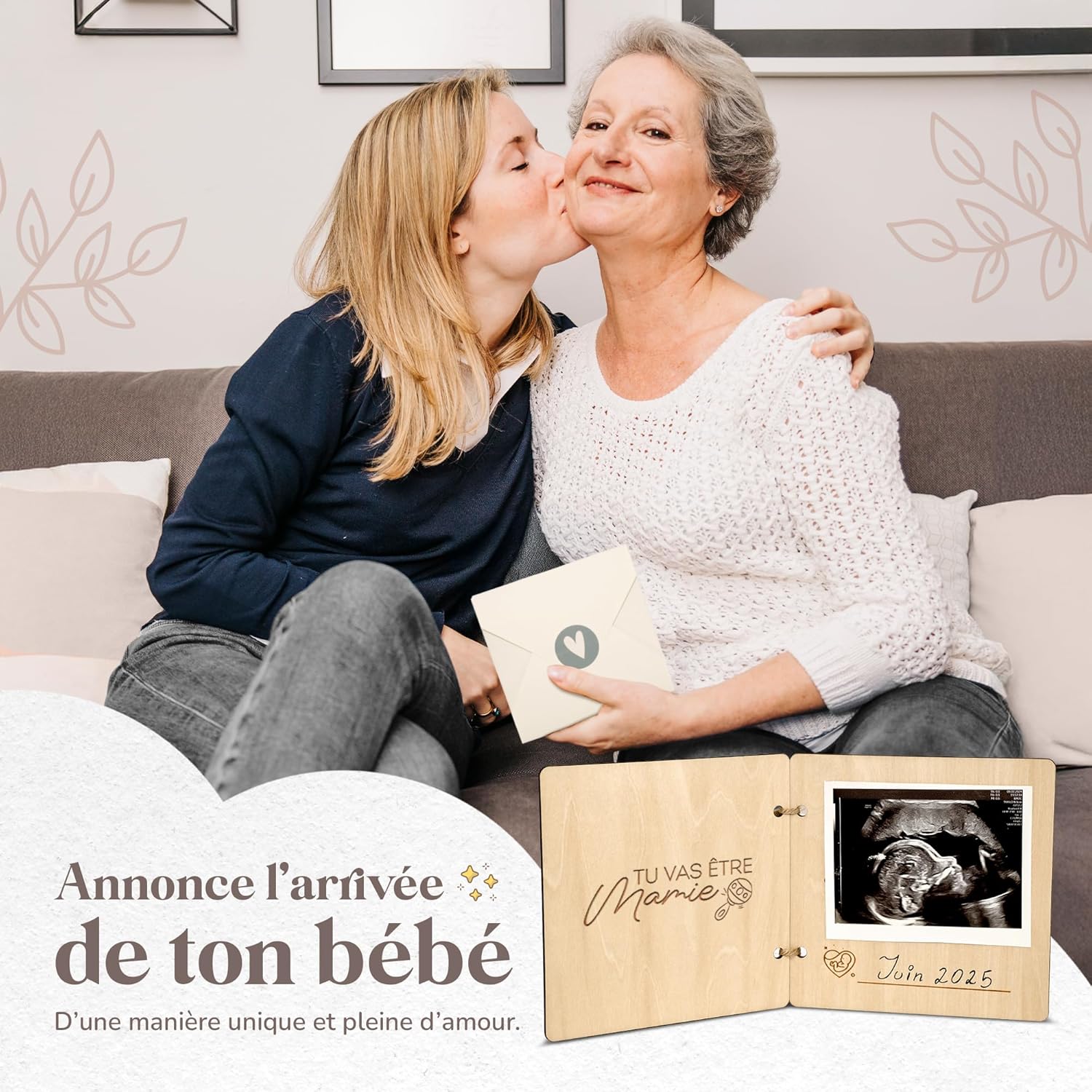 Thumbnail 1 de Annonce grossesse en bois : carte “grand-parents, mamie, tata, tonton” personnalisée avec photo d’échographie