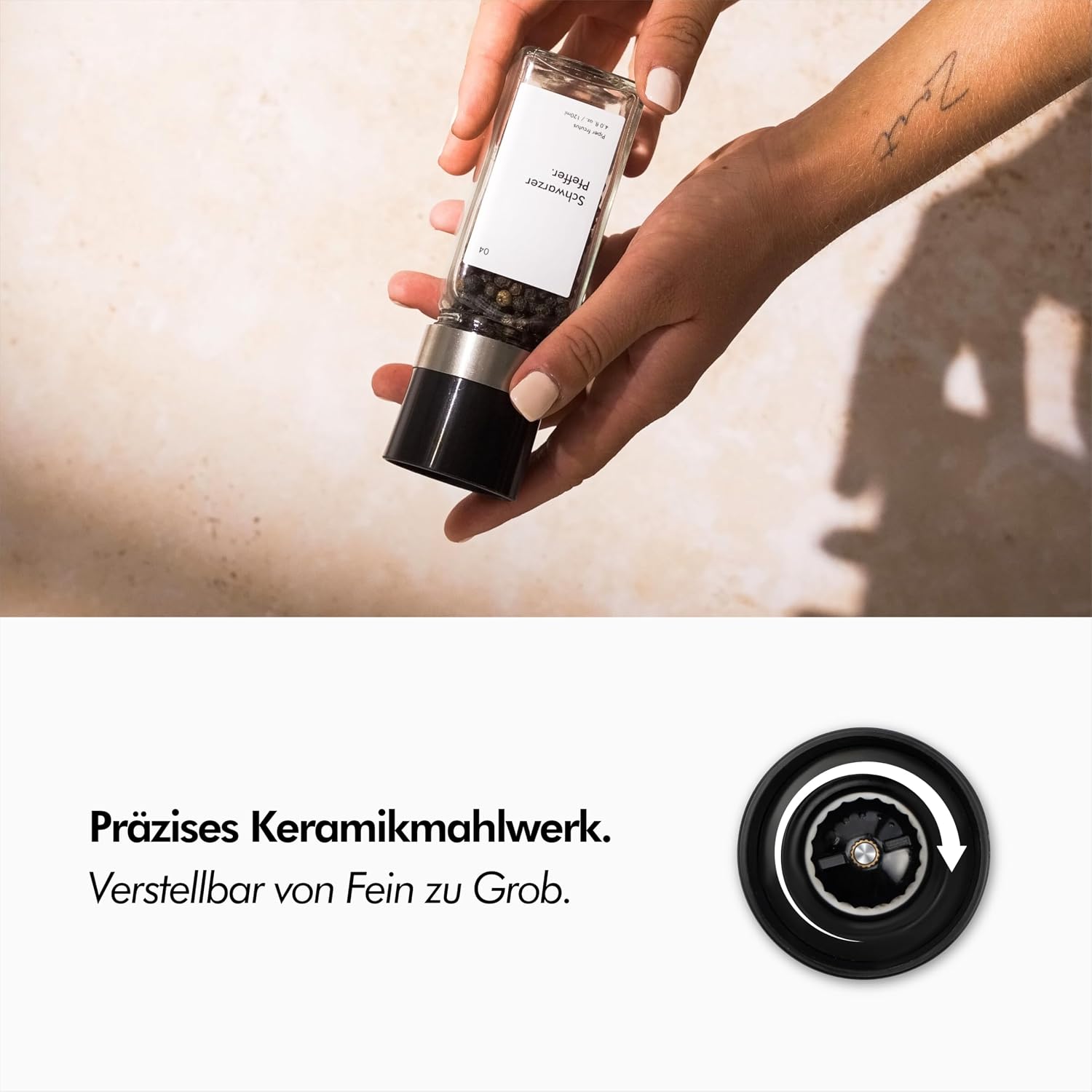 Detalle 2 de KIVY Salz- und Pfeffermühle 2er Set – Präzises Keramikmahlwerk, klare Einsatzmöglichkeiten