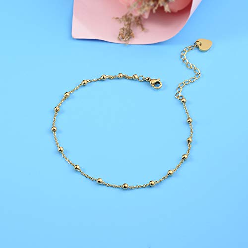 Detalle de VU100 Bracelet de Cheville pour Femme – Perles dorées, chaîne réglable en acier inoxydable