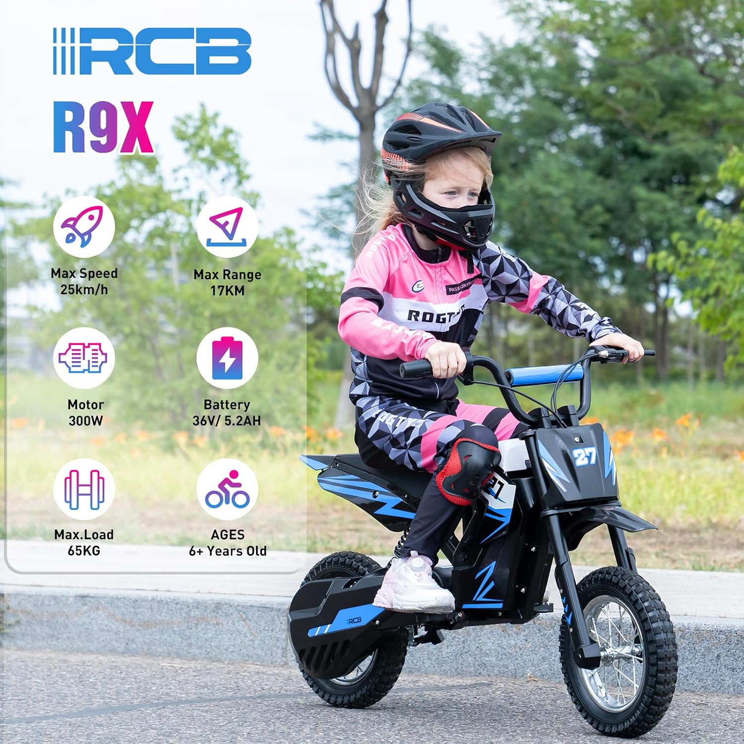 Detalle de RCB R9X Electric Motorcycle Kids (12 inch Pneumatic Tires) – 3 Speed Modes, 10.5 Mile Range, Blue
