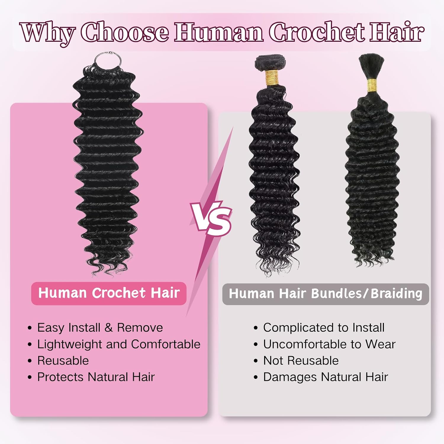Thumbnail 5 de Human Crochet Hair Deep Wave 18 Inch Knotless 100g - 80 Strands, 100% Human Hair