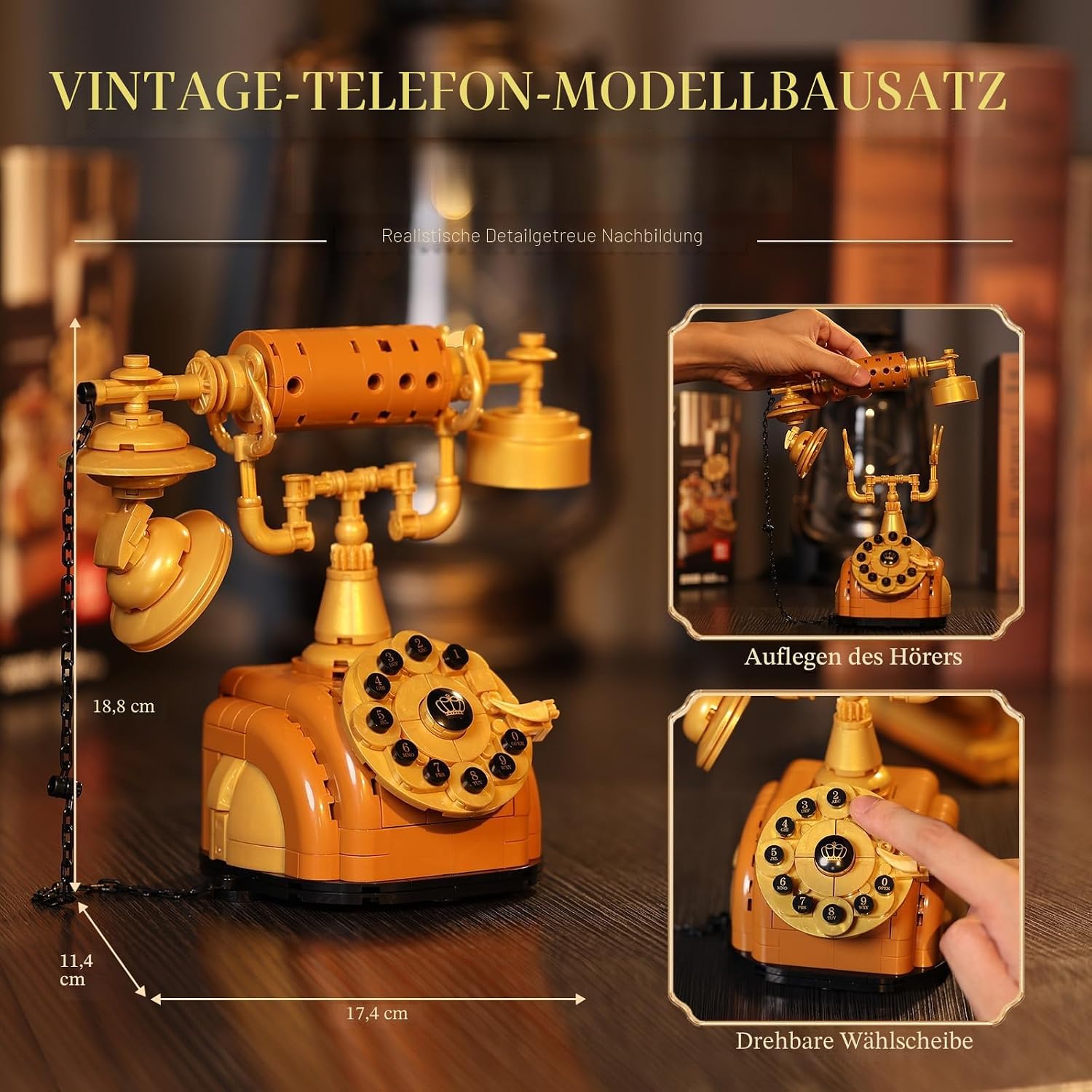 Detalle de JMBricklayer 3 in 1 Retro-Bausteinset für Erwachsene – Vintage Plattenspieler, Kurbeltelefon und Kamera im 19. Jahrhundert